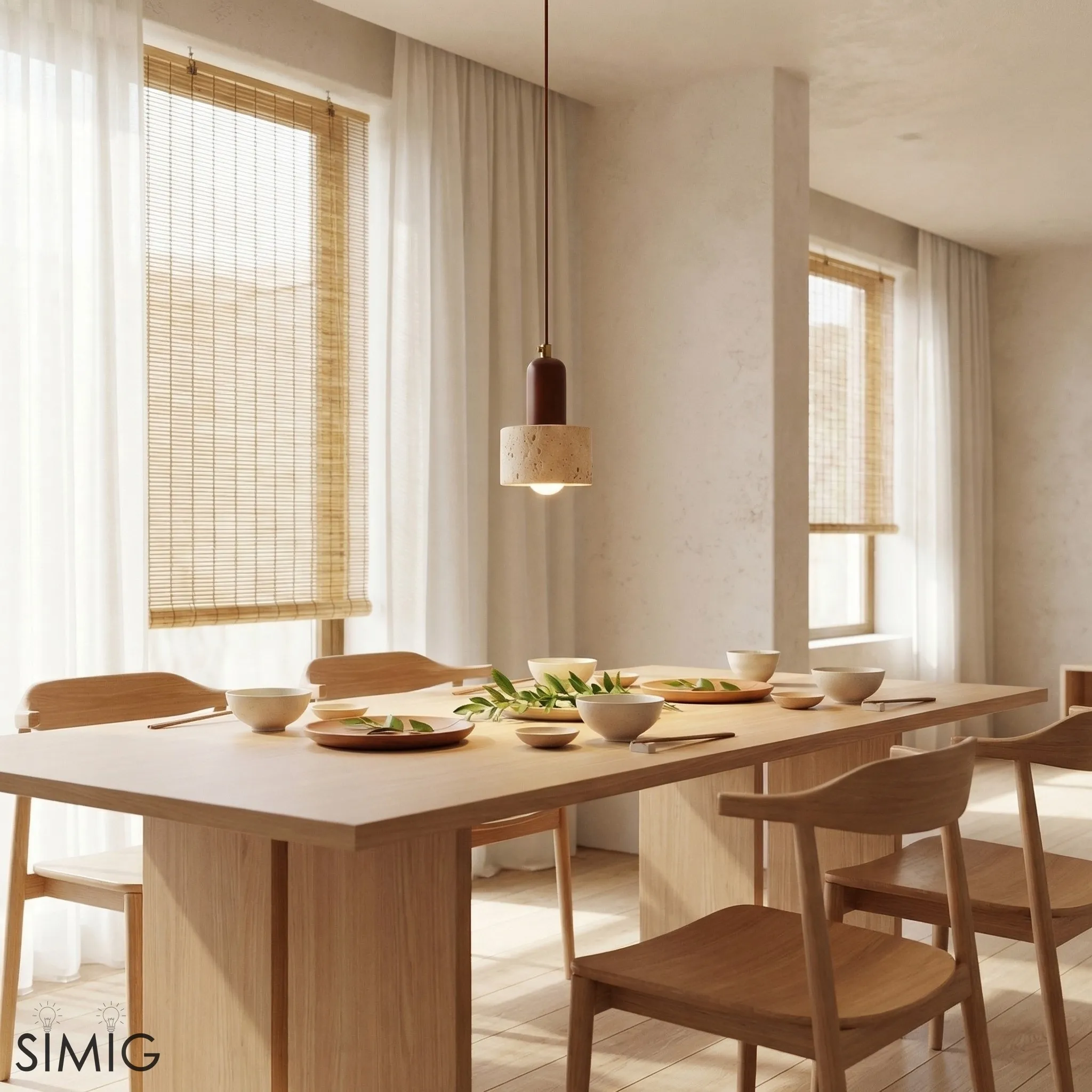 Rotating Travertine and Wood Pendant Light - Japandi Dining Room Glow T1100