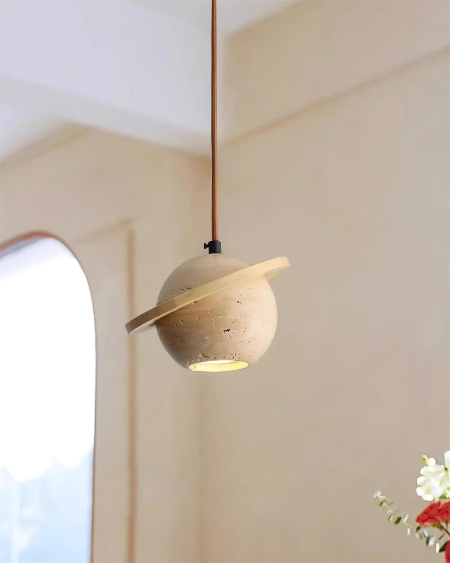 Travertine Sphere Pendant Light with Ring Detail - Kitchen Island Lighting M115