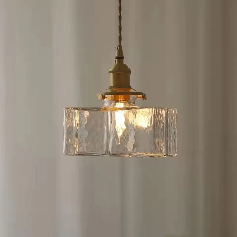 Traditional Vintage Square Rectangle Ripple Glass Iron 1-Light Pendant Light For Living Room T262
