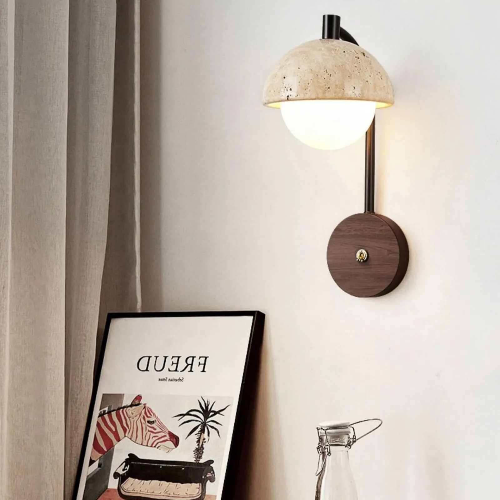 Rustic Travertine Wall Lamp With Curved Metal Arm And Wood Mount S313