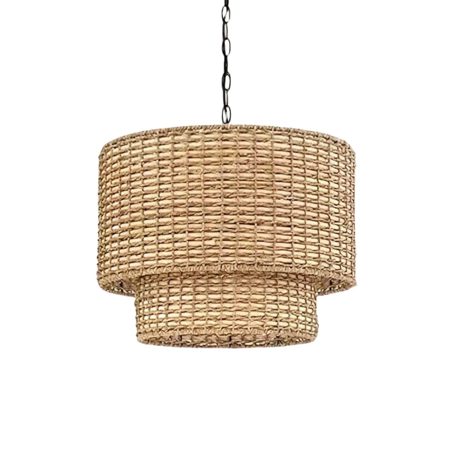 Natural Rattan Double Drum Pendant Light With Black Canopy G02