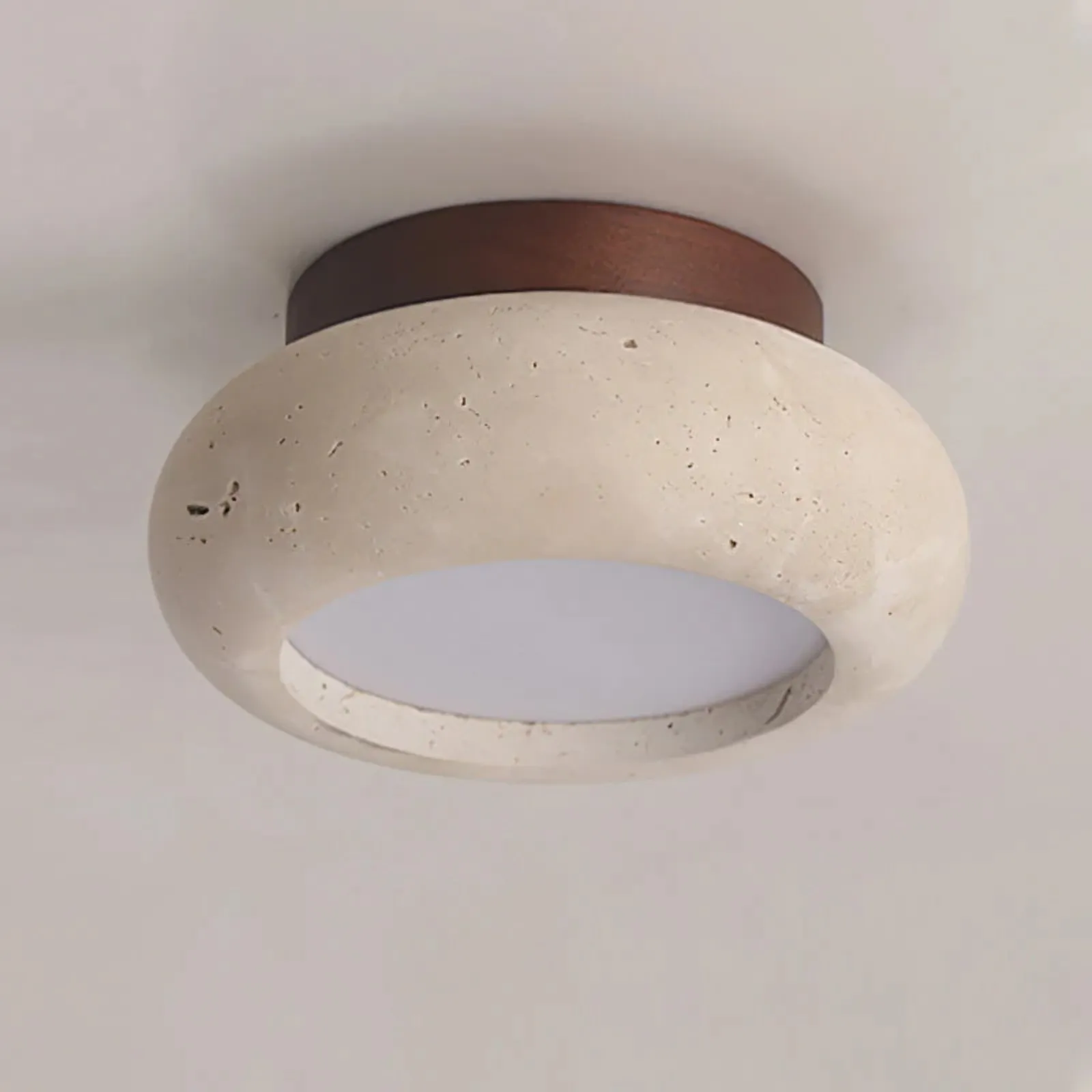 Minimal Bowl Ceiling Fixture in Stone Look - Wood Tone Base Light S299