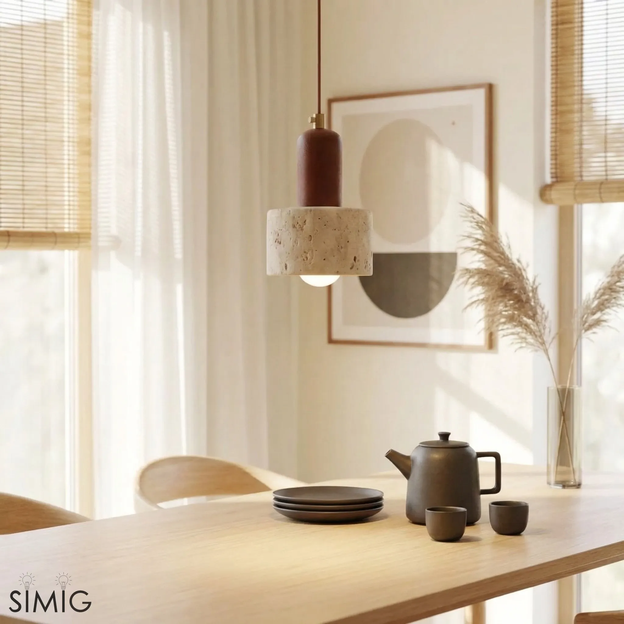 Rotating Travertine and Wood Pendant Light - Japandi Dining Room Glow T1100