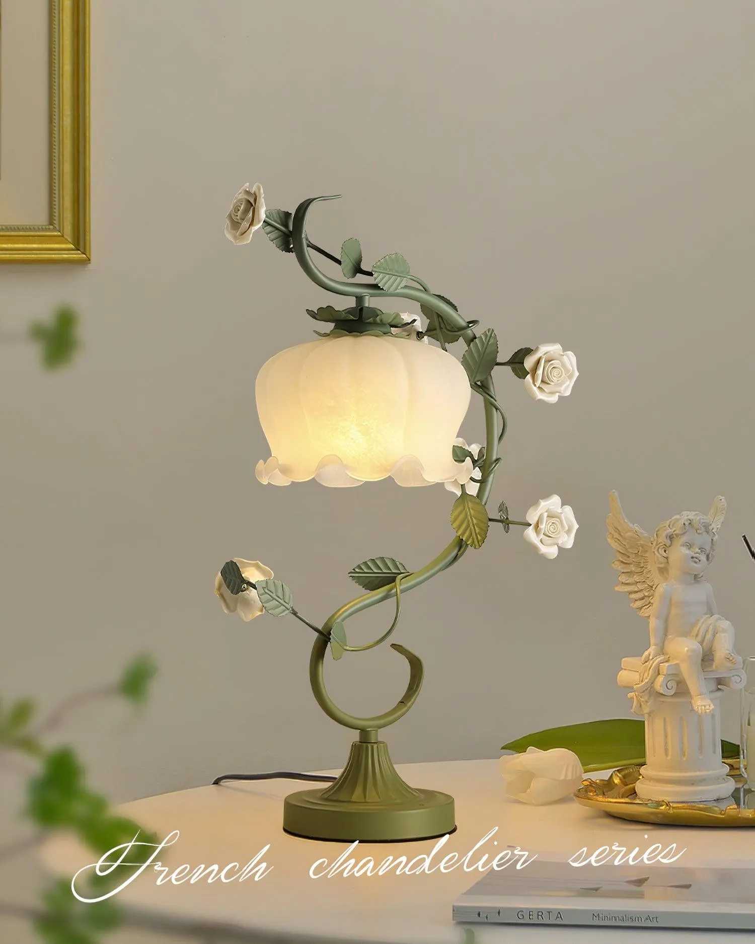 Green Pink White Rose Flower Table Lamp M107