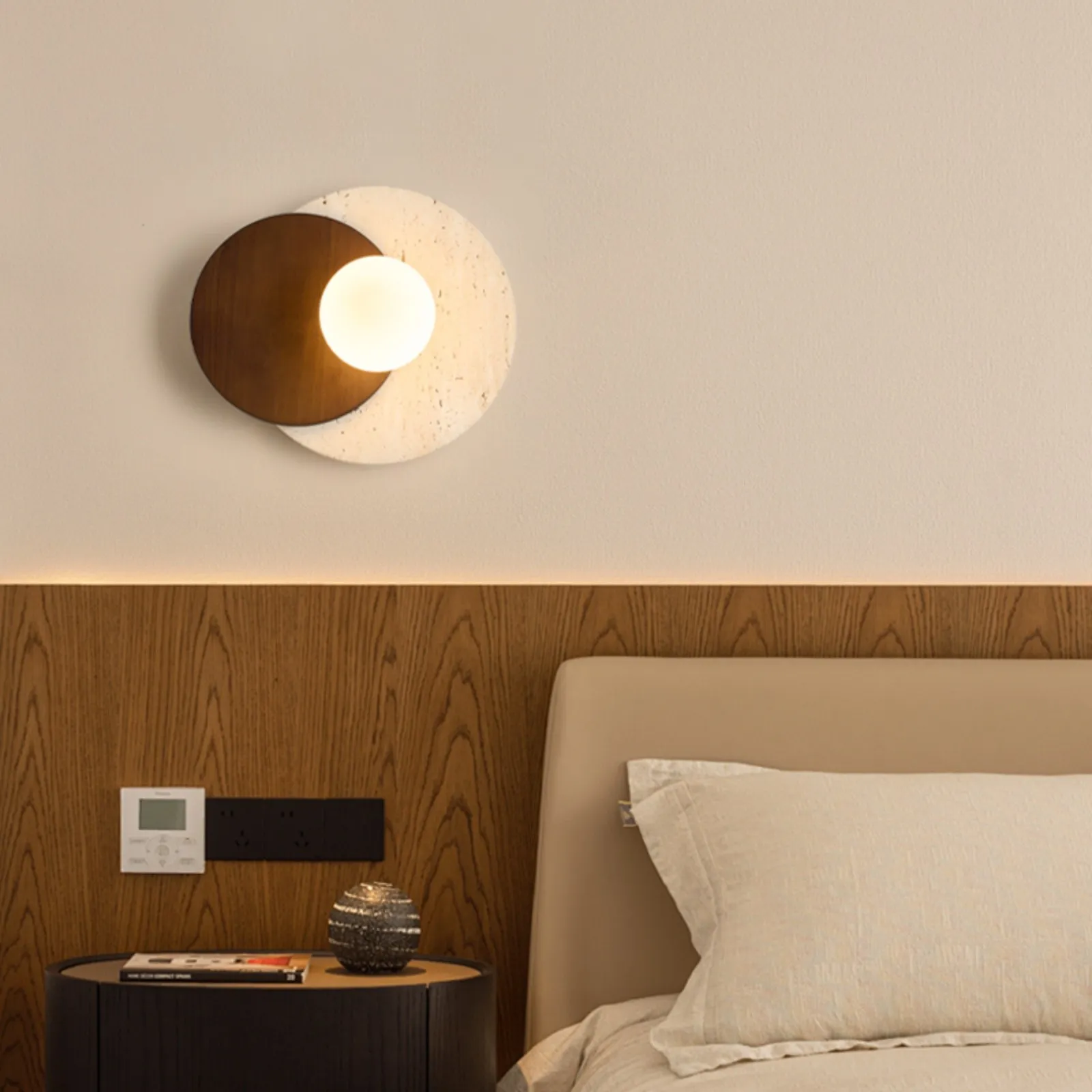 Contemporary Disc Travertine And Wood Dual Tone Wall Sconce S322