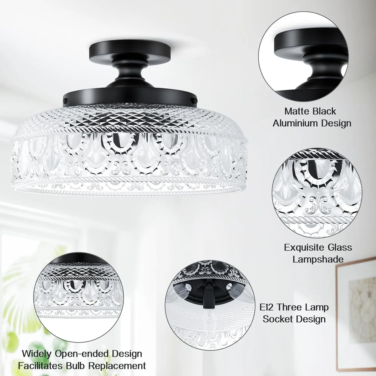 Retro Pattern Glass Semi-recessed Ceiling Lamp S203