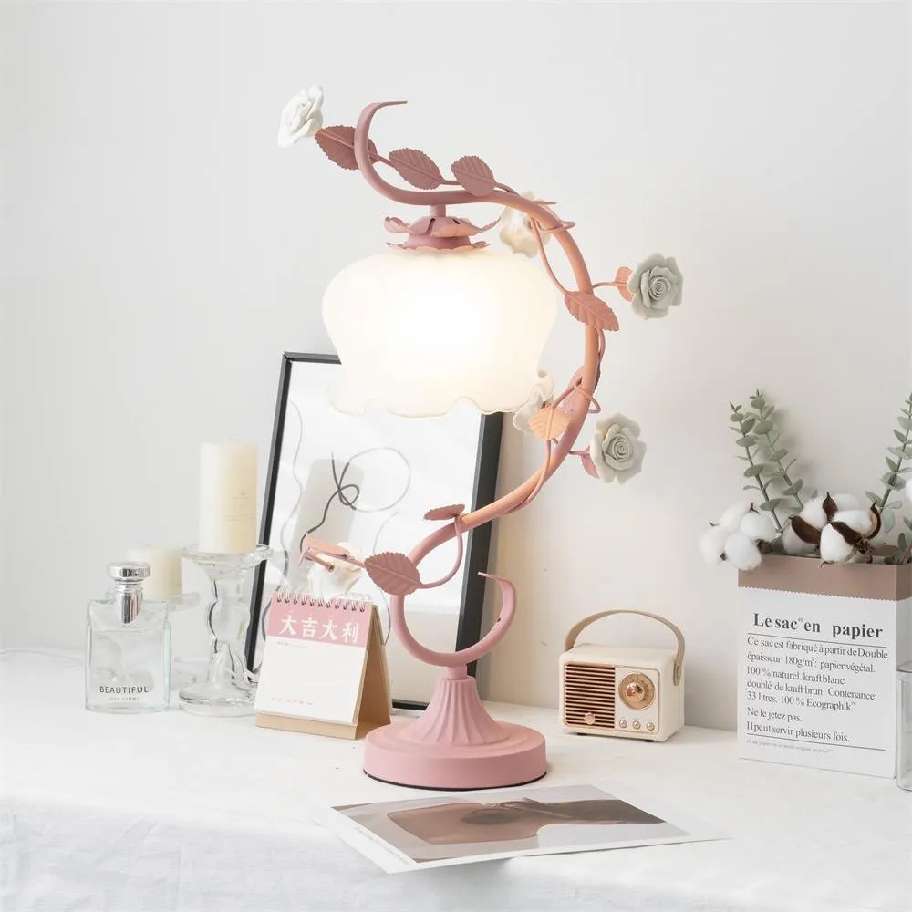 Green Pink White Rose Flower Table Lamp M107