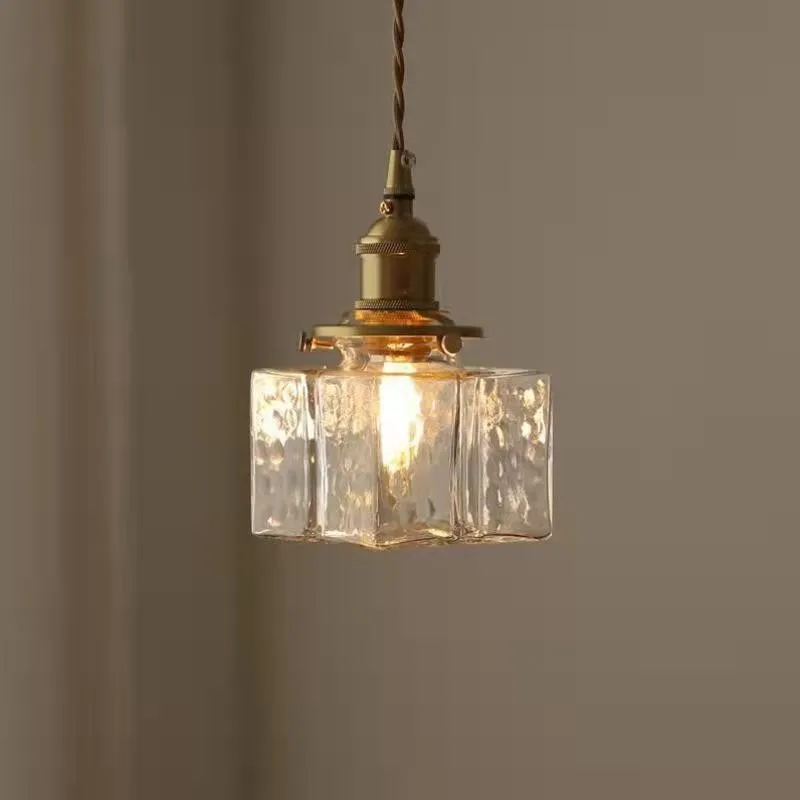 Traditional Vintage Square Rectangle Ripple Glass Iron 1-Light Pendant Light For Living Room T262
