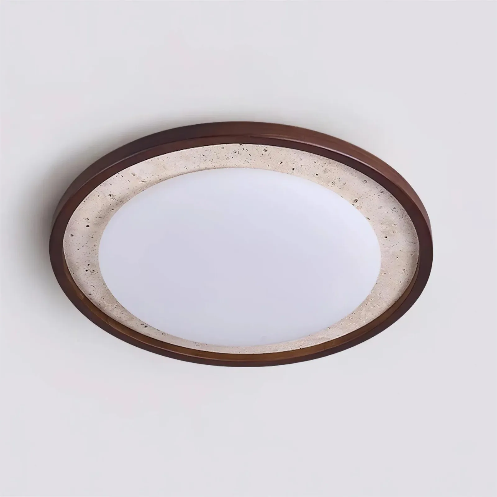 Modern Travertine Disk Flush Ceiling Light With Wood Trim S303