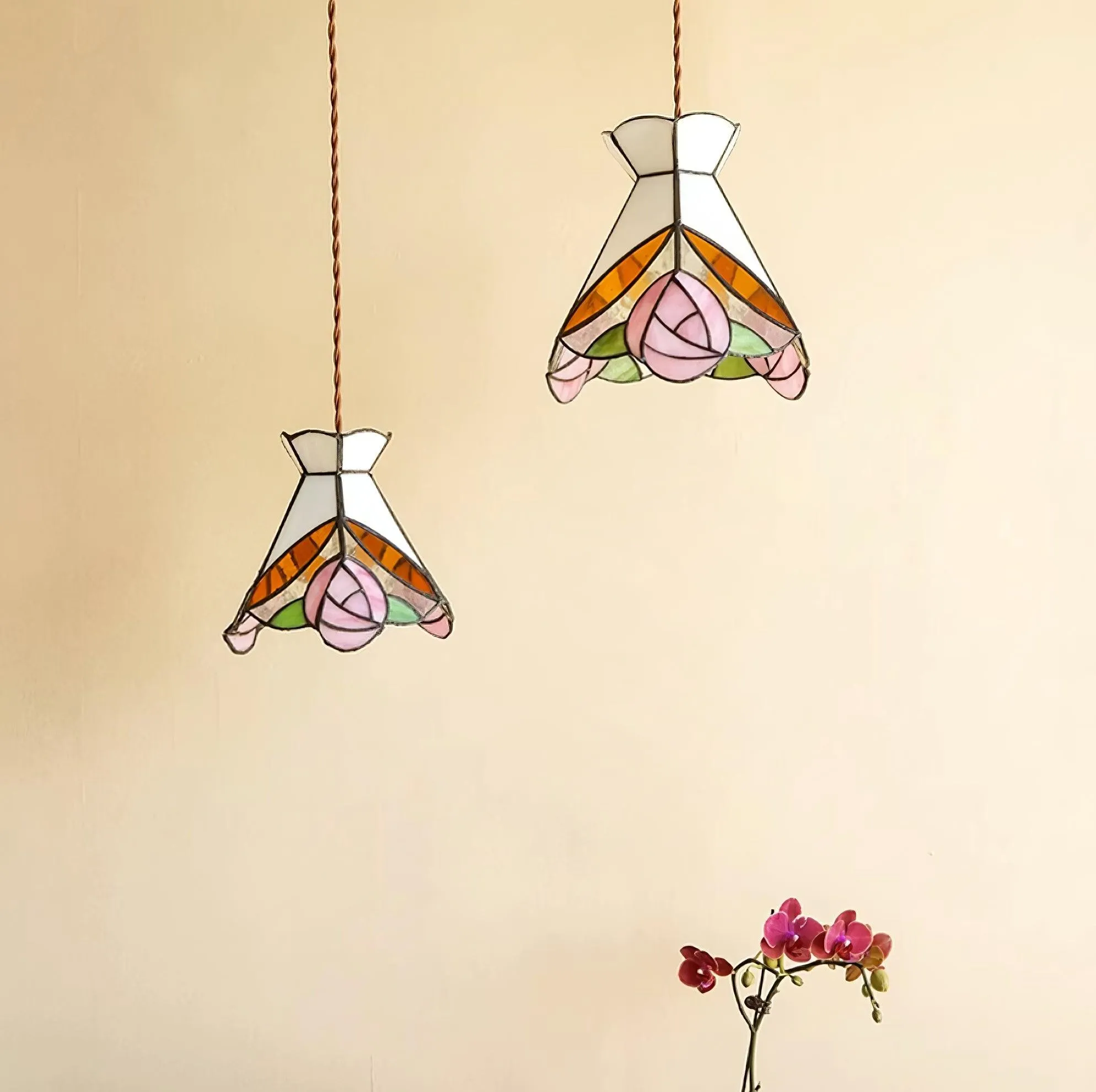 French Retro Rose Stained Glass Pendant Lamp M89