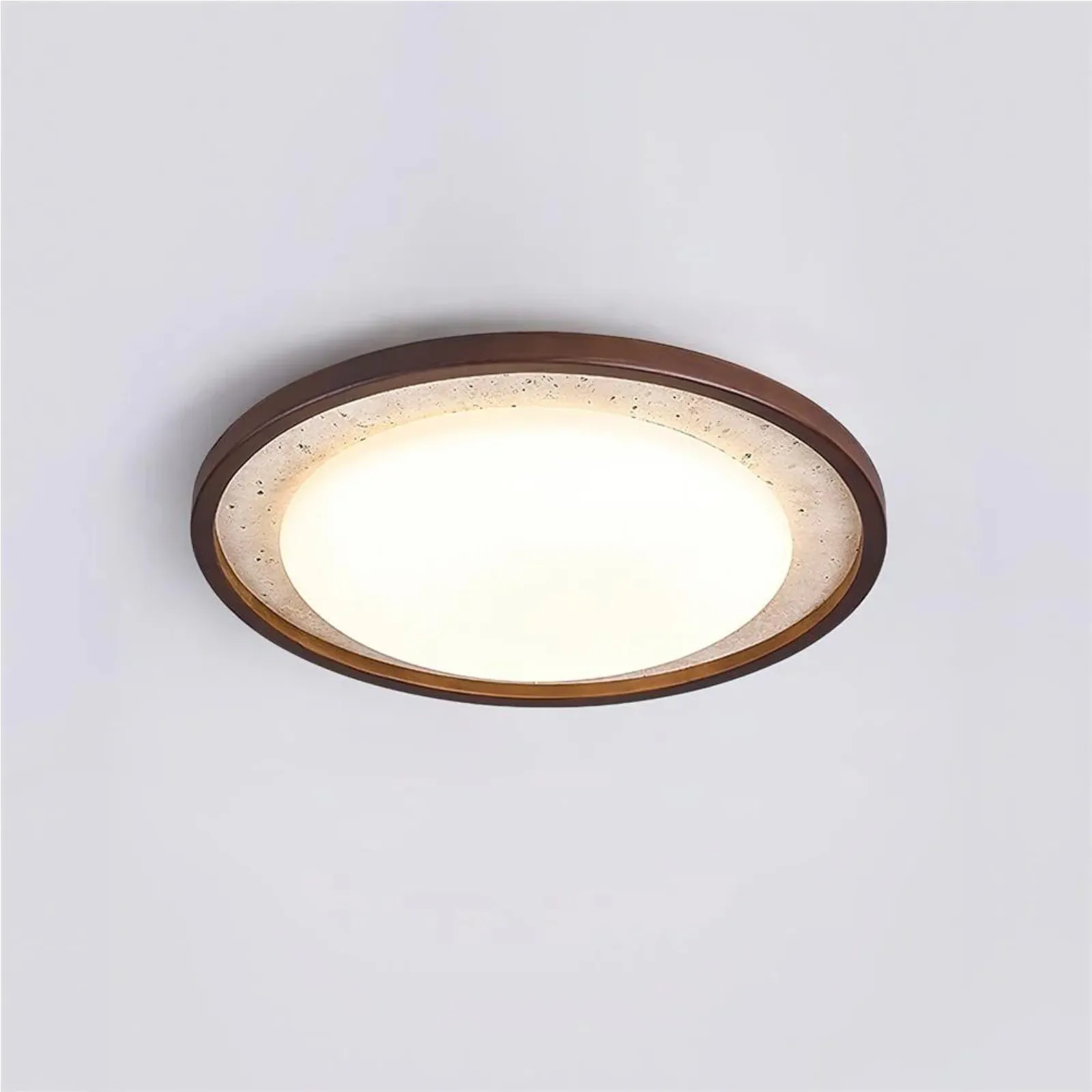 Modern Travertine Disk Flush Ceiling Light With Wood Trim S303