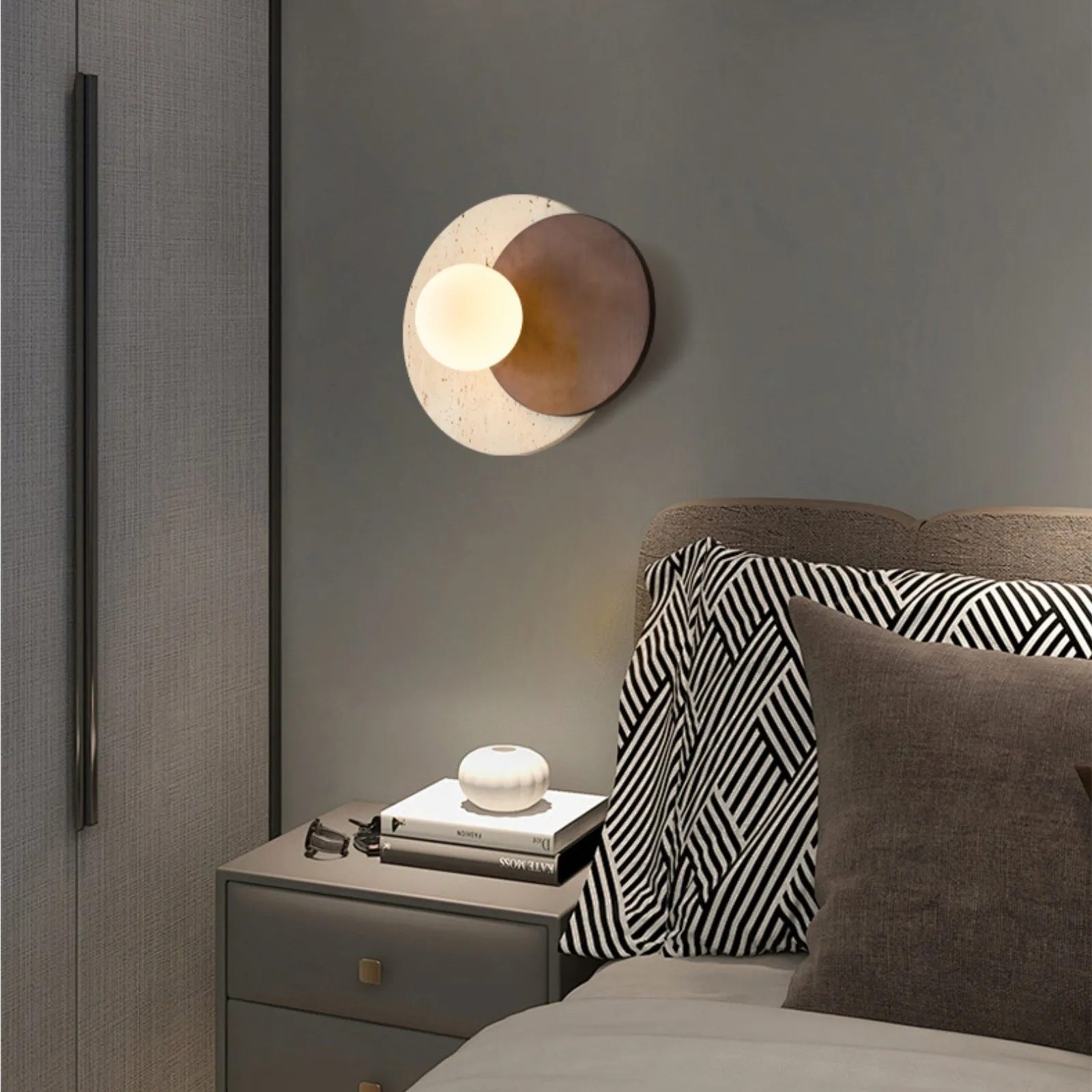 Contemporary Disc Travertine And Wood Dual Tone Wall Sconce S322