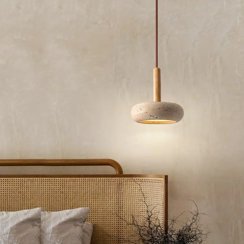 Traditional Japanese Round Wood Travertine Pendant Light G68