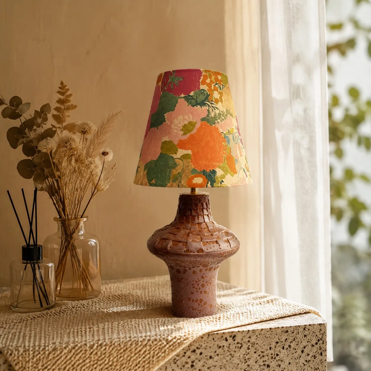 Orange floral ceramic table lamp on a textured console table