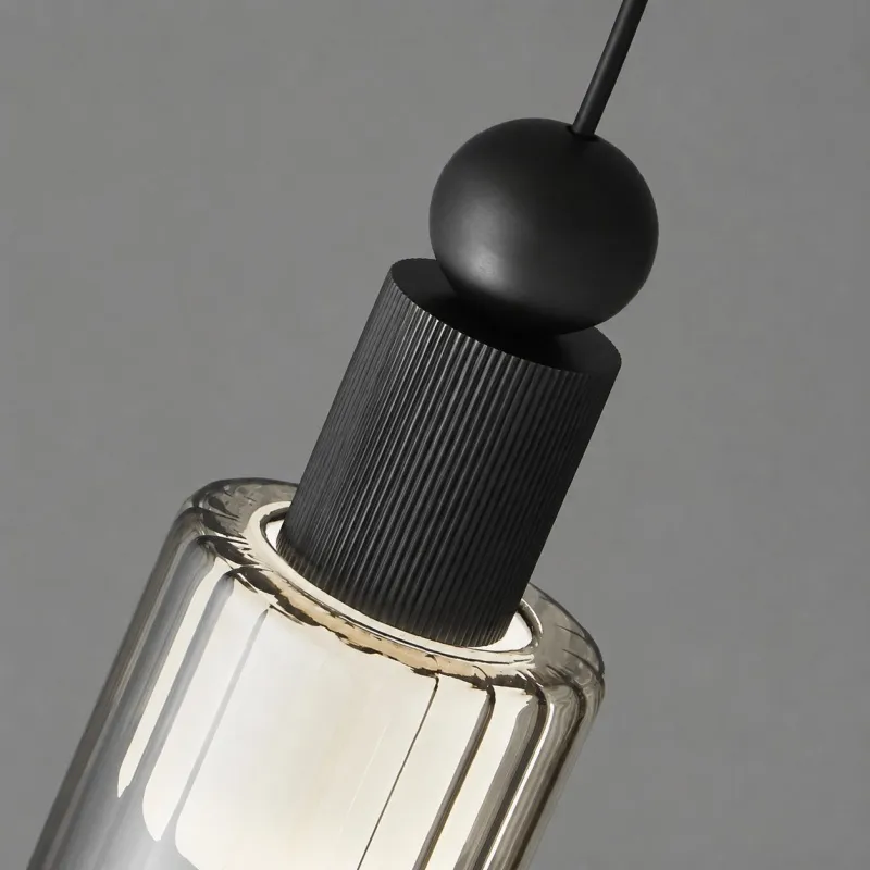 Copper black ribbed glass pendant close detail