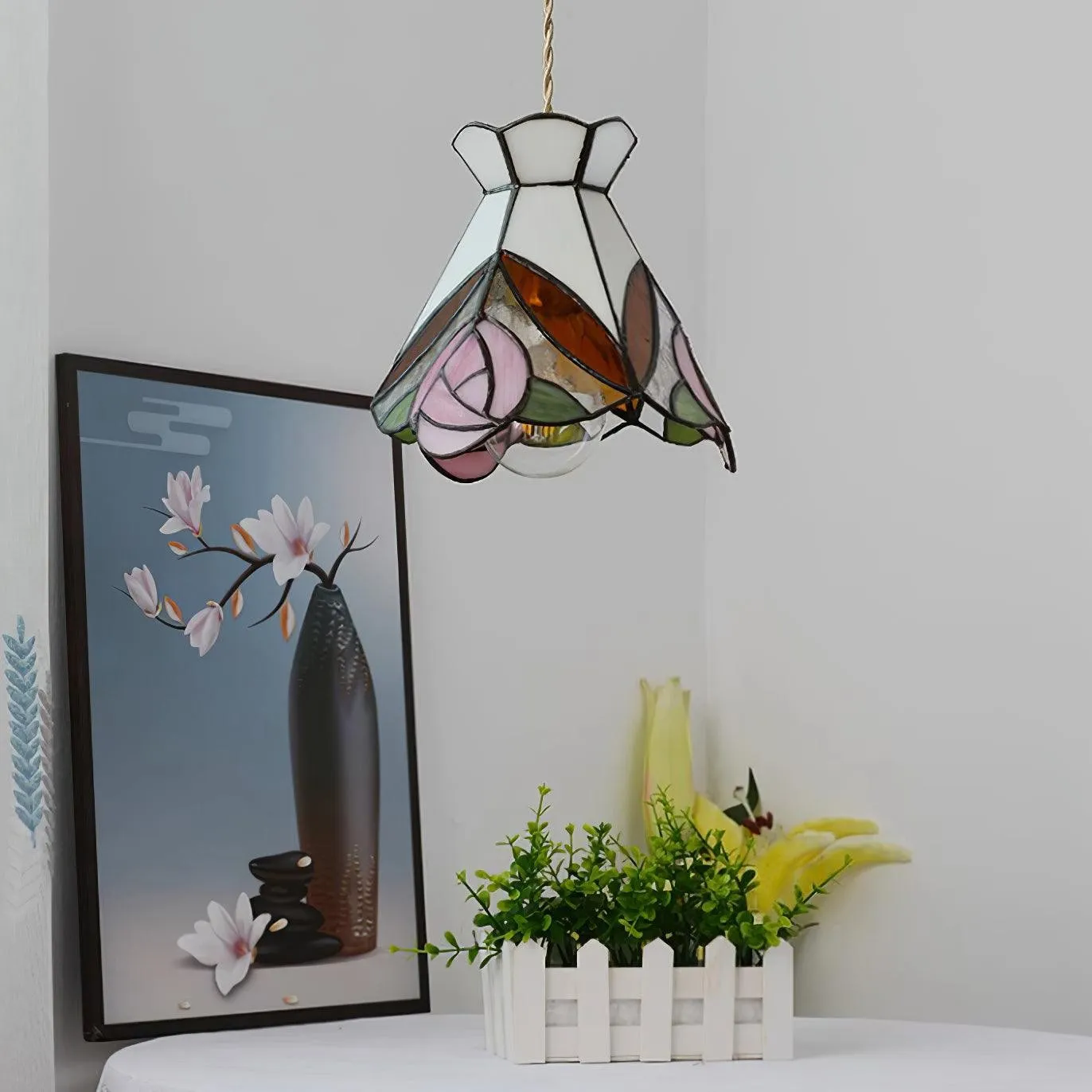 French Retro Rose Stained Glass Pendant Lamp M89