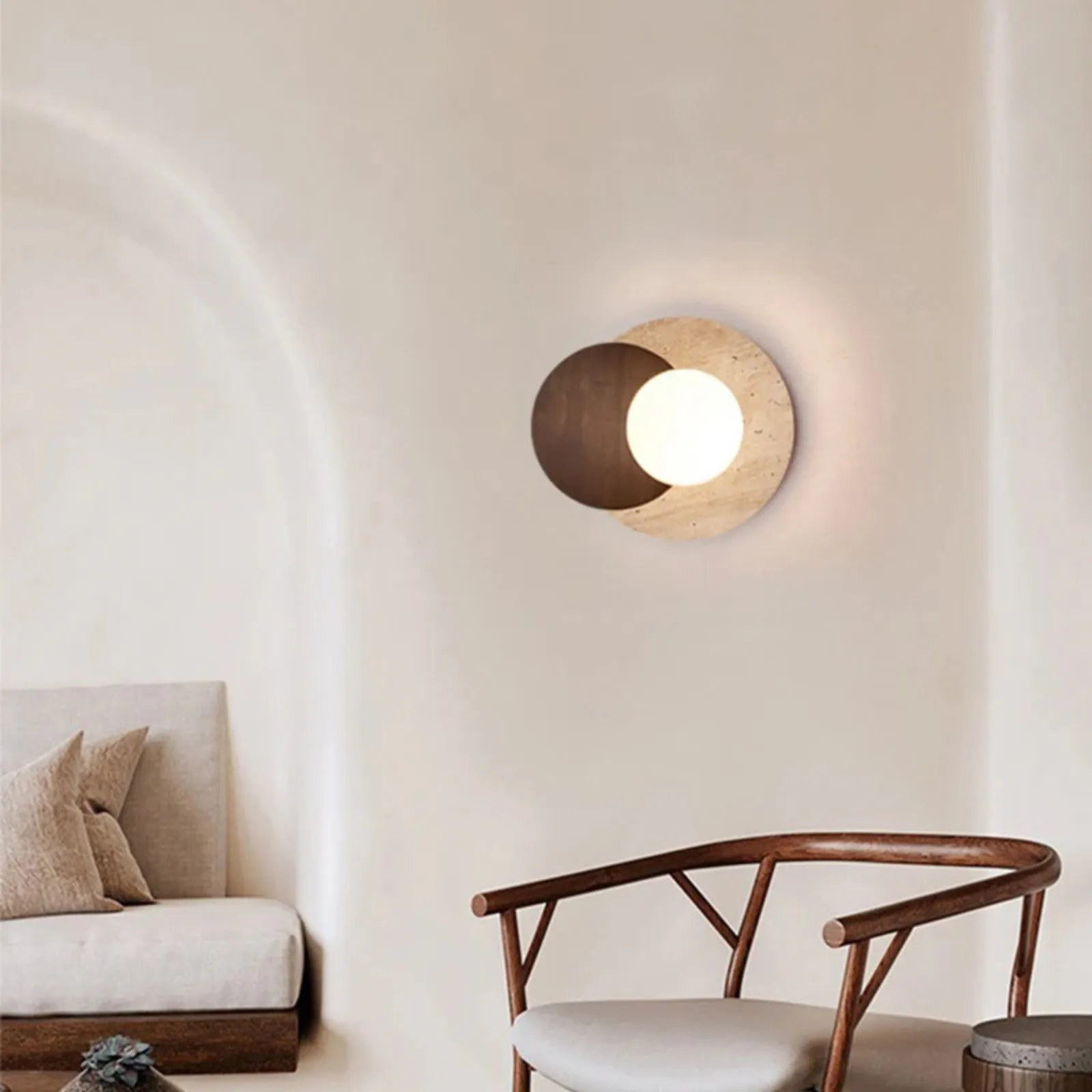 Contemporary Disc Travertine And Wood Dual Tone Wall Sconce S322