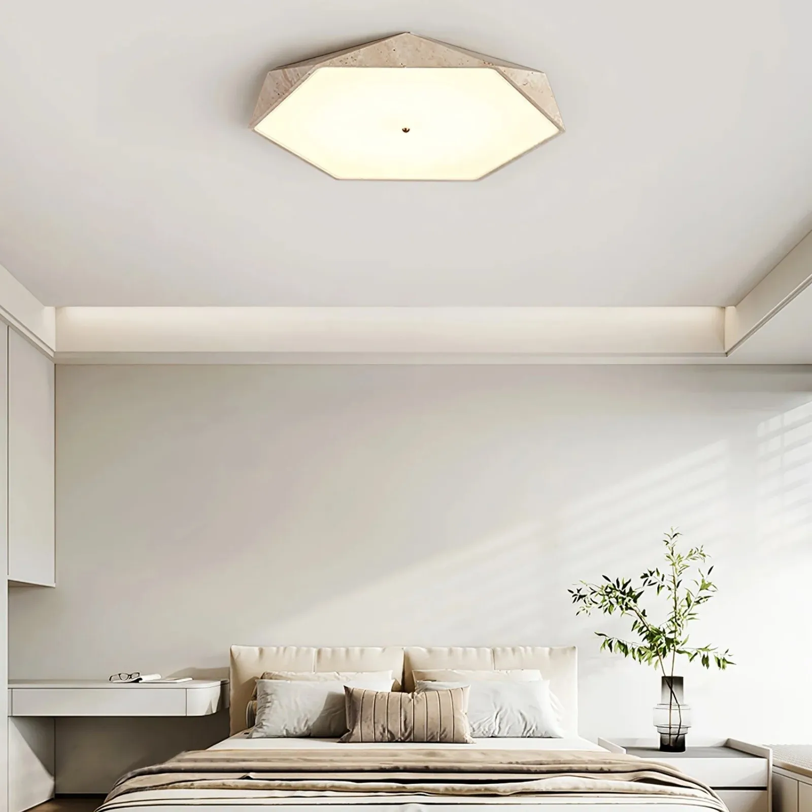 Contemporary Hexagon Ceiling Light In Travertine And Glass S295