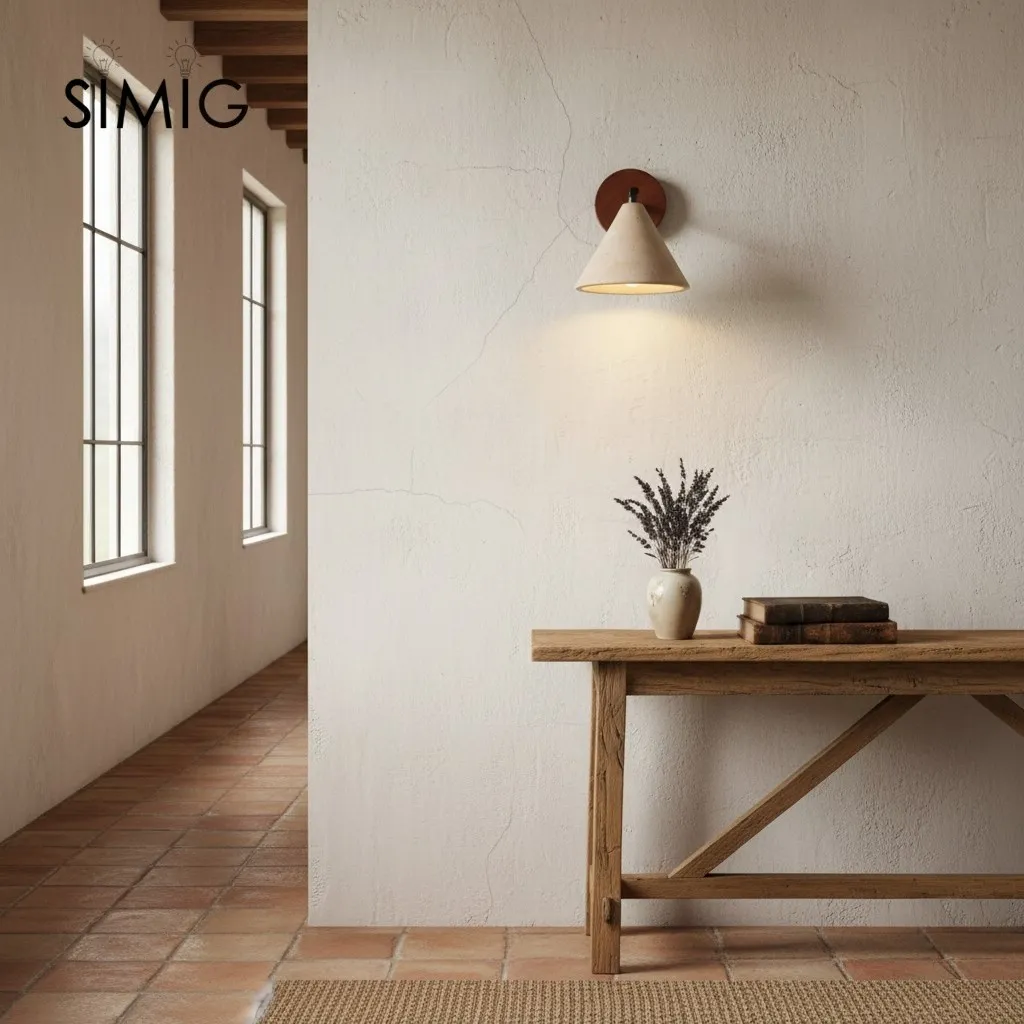 Textured Travertine Cone Wall Light - Minimalist Bedroom Sconce M56