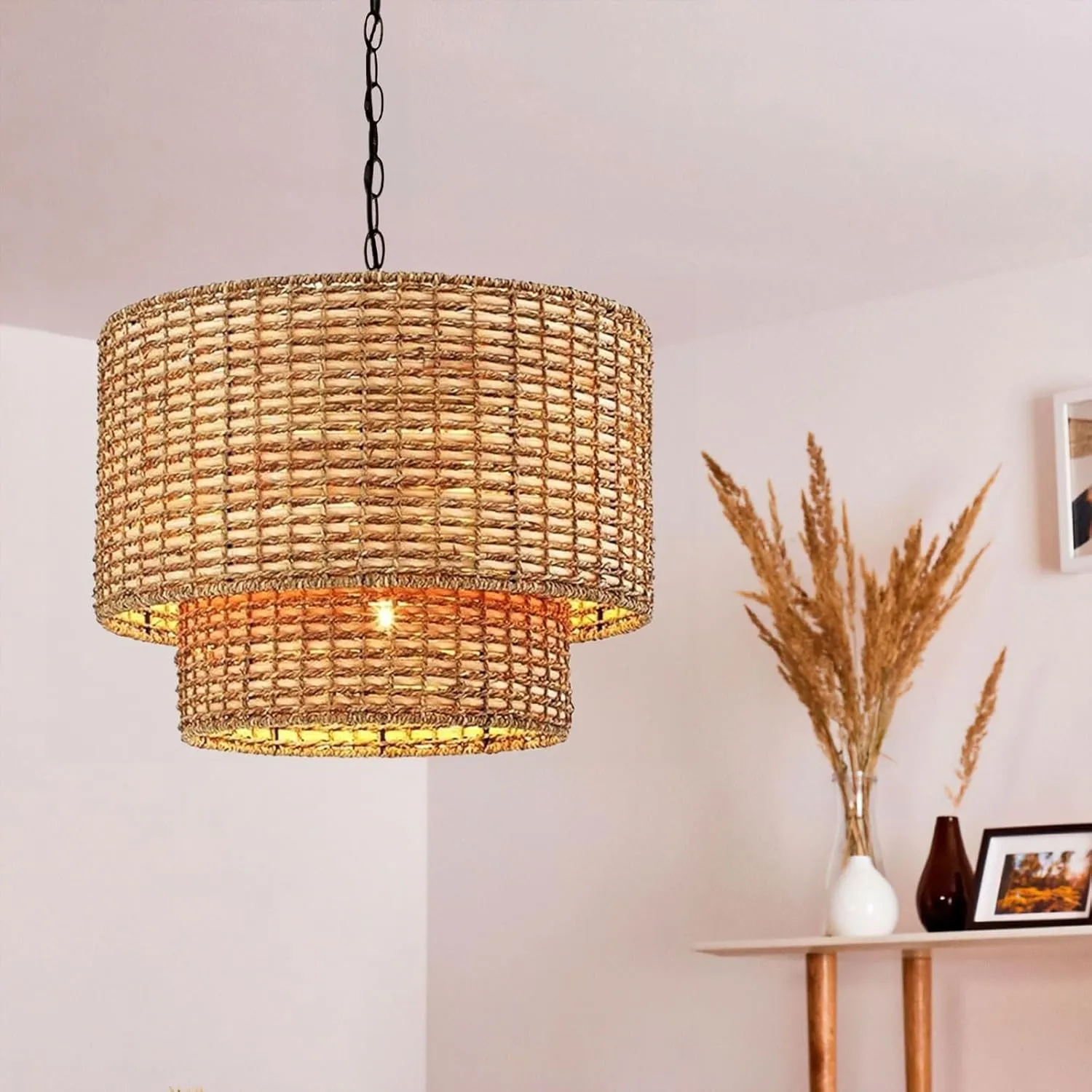 Natural Rattan Double Drum Pendant Light With Black Canopy G02