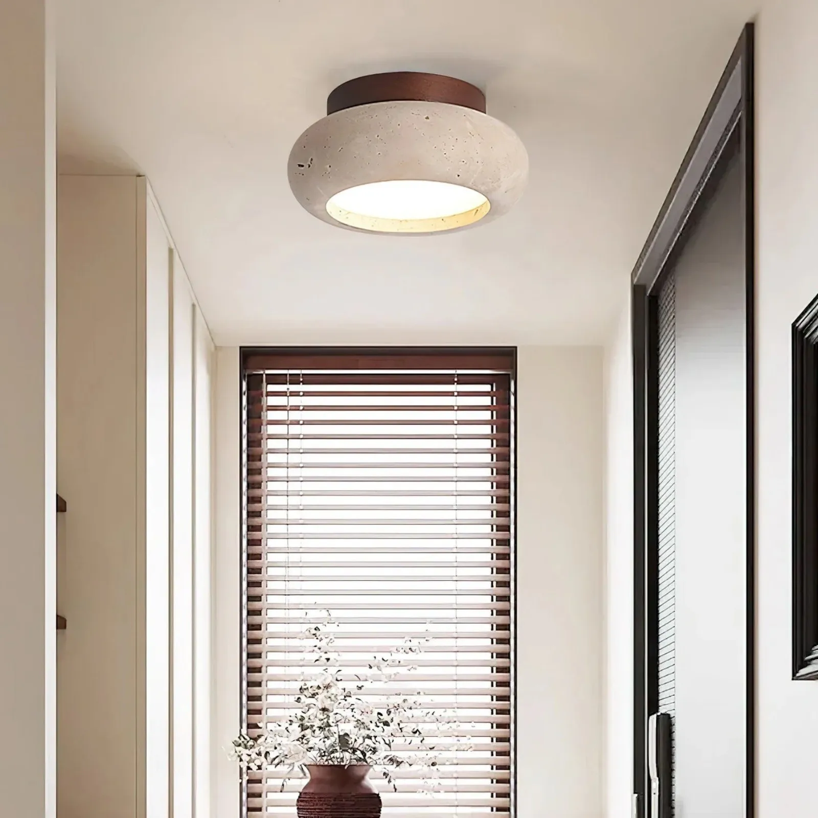 Minimal Bowl Ceiling Fixture in Stone Look - Wood Tone Base Light S299