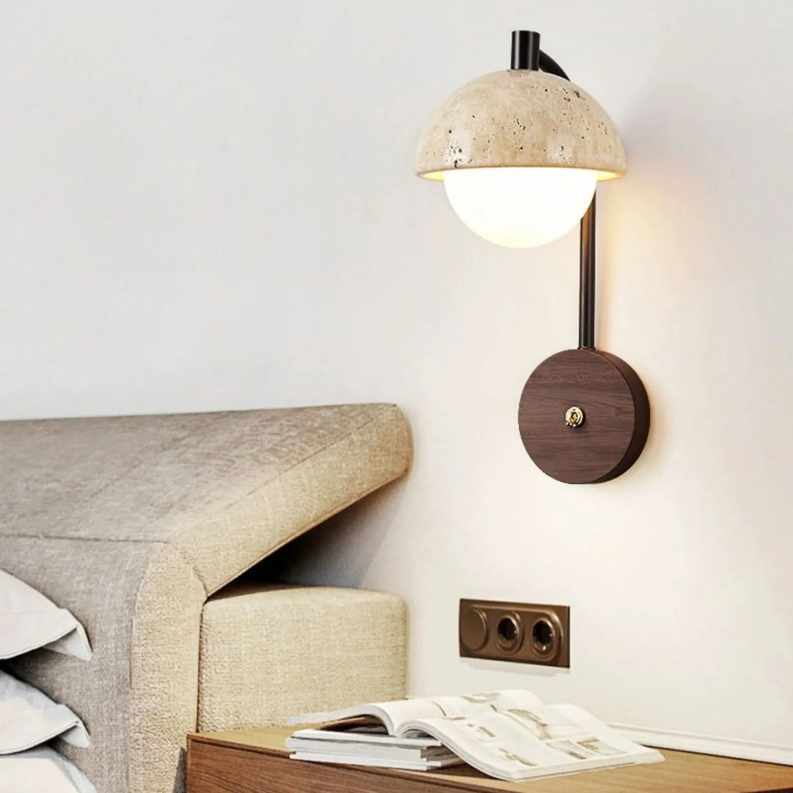 Rustic Travertine Wall Lamp With Curved Metal Arm And Wood Mount S313