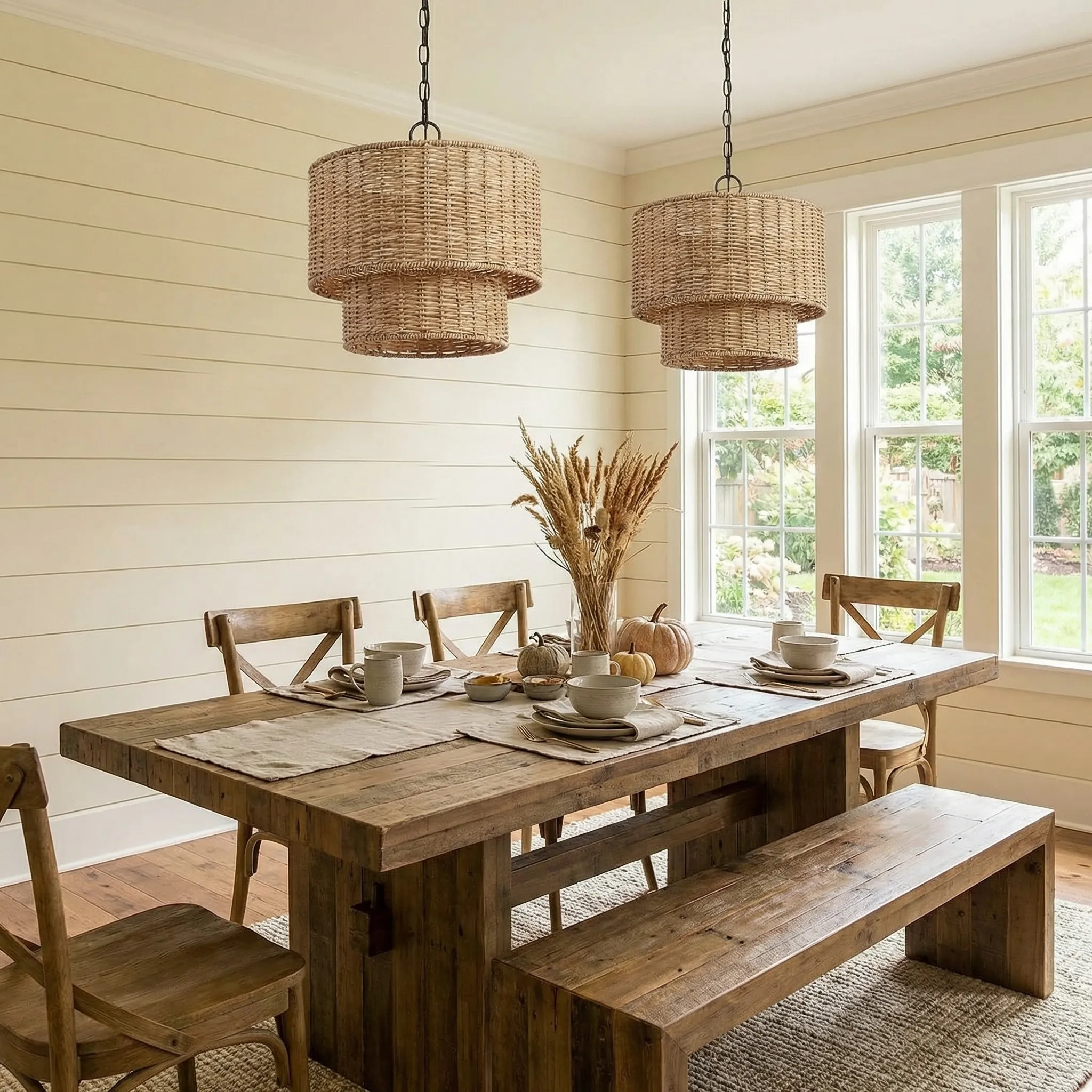 Rattanvo Dual Drum Rattan Pendant – Organic Texture for Dining Areas and Lobbies T1087
