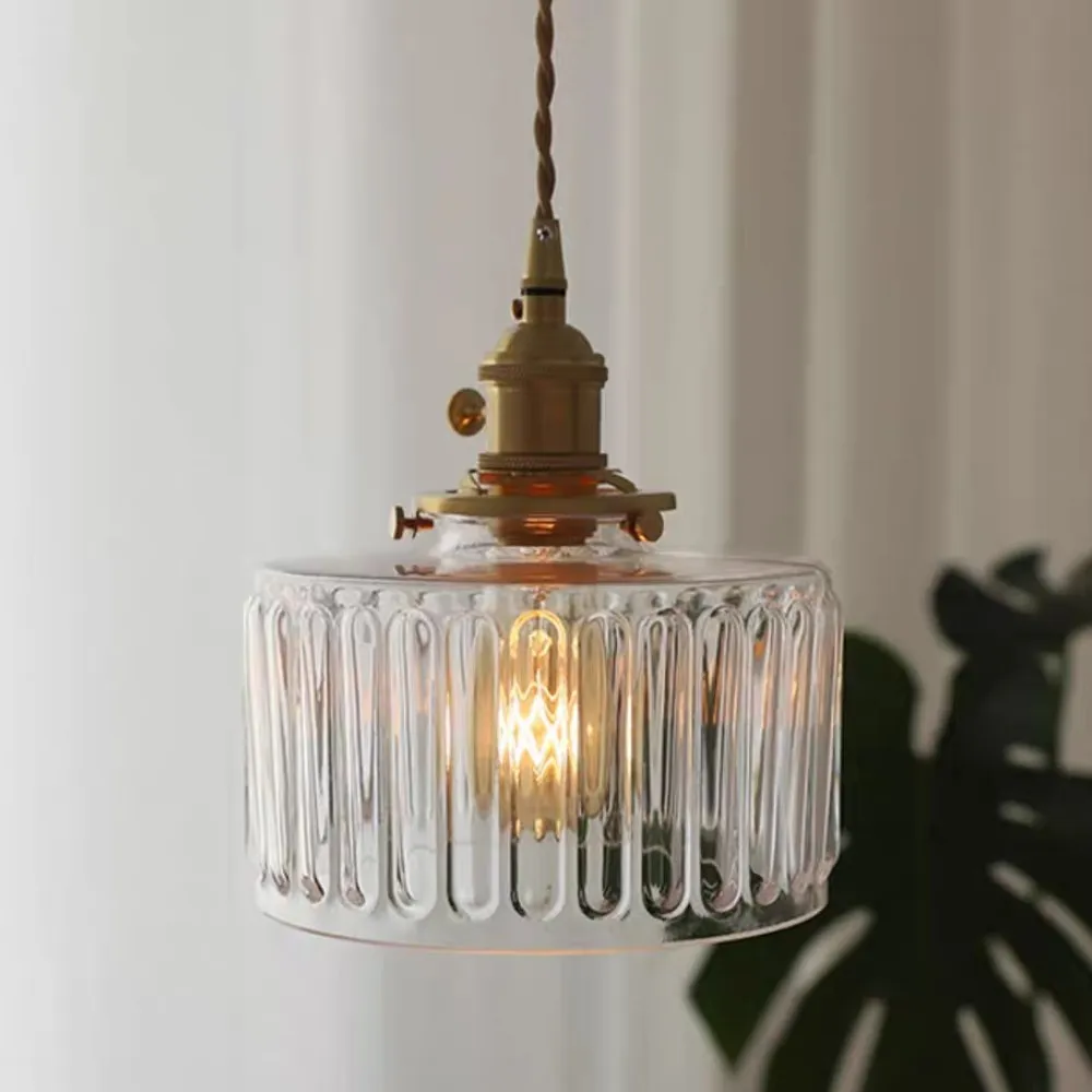 Vintage Cylinder Ribbed Glass Pendant Light S136