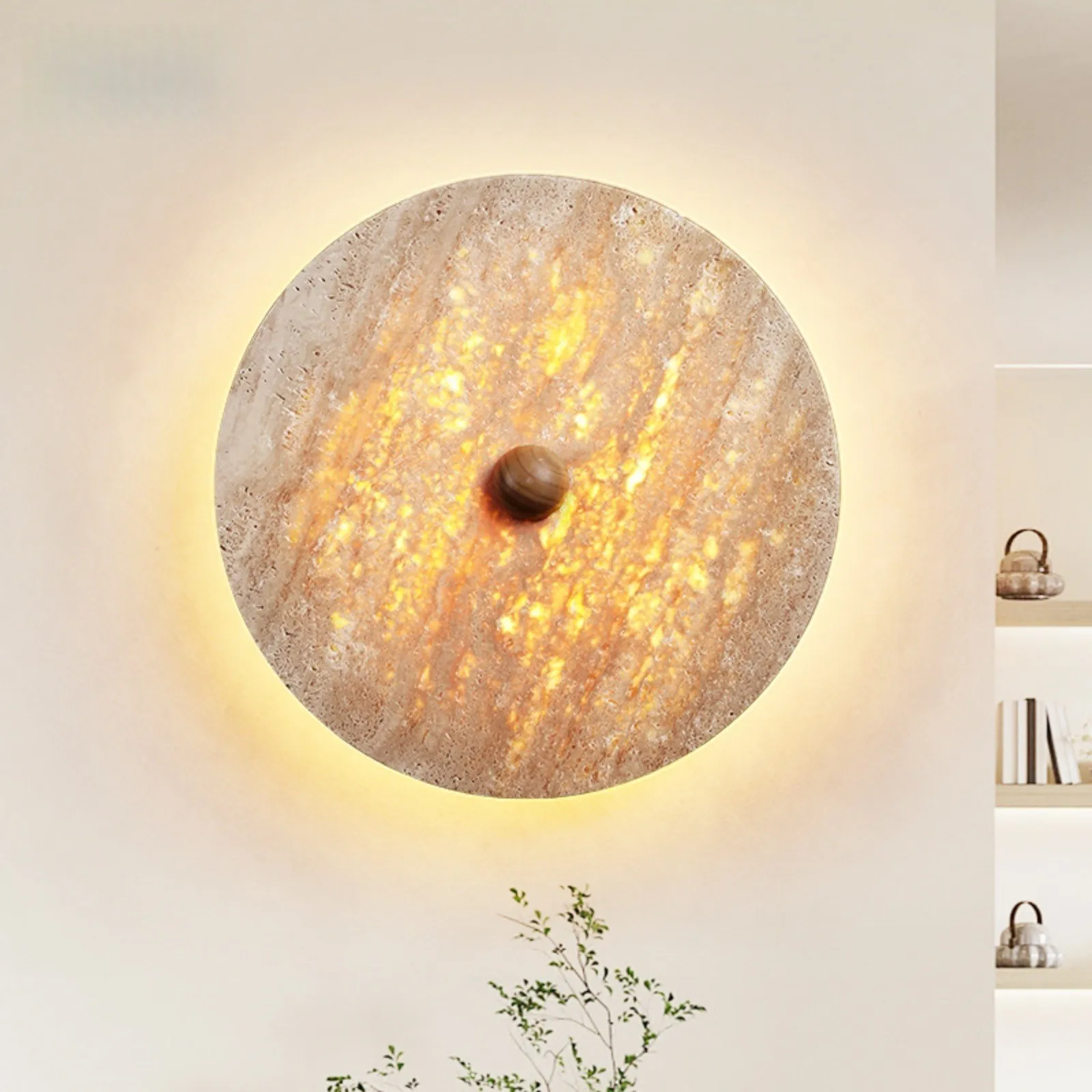 Natural Modern Circular Travertine Home Wall Sconce S332