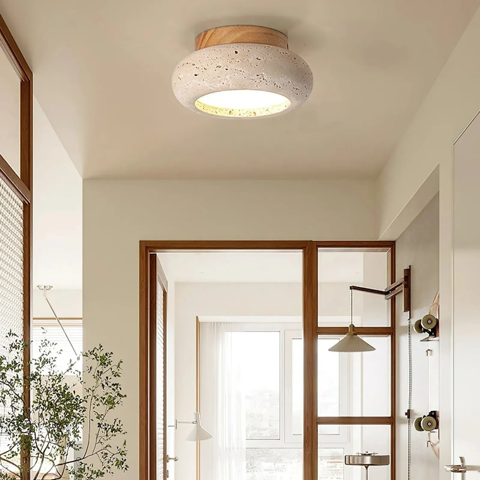 Minimal Bowl Ceiling Fixture in Stone Look - Wood Tone Base Light S299