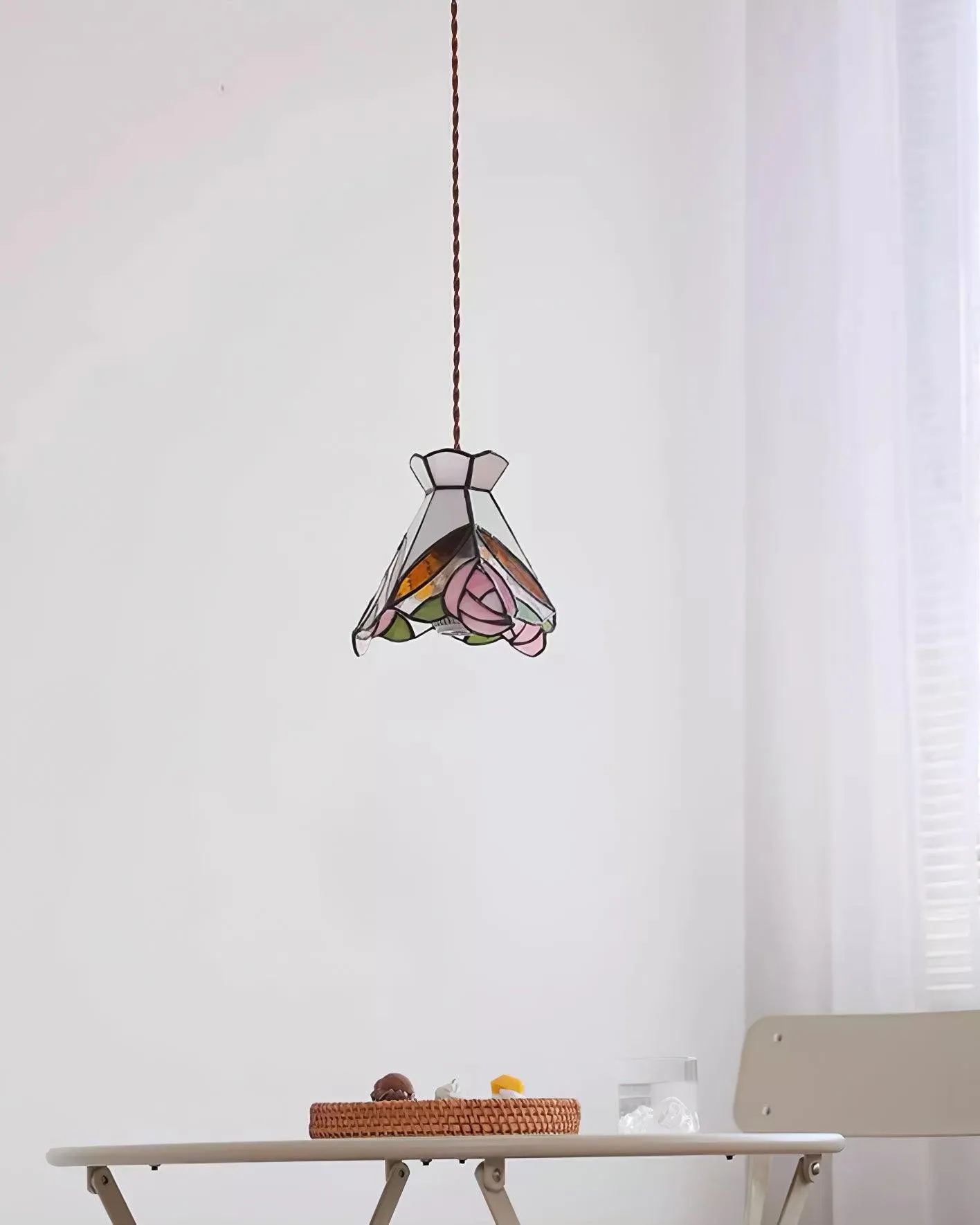 French Retro Rose Stained Glass Pendant Lamp M89