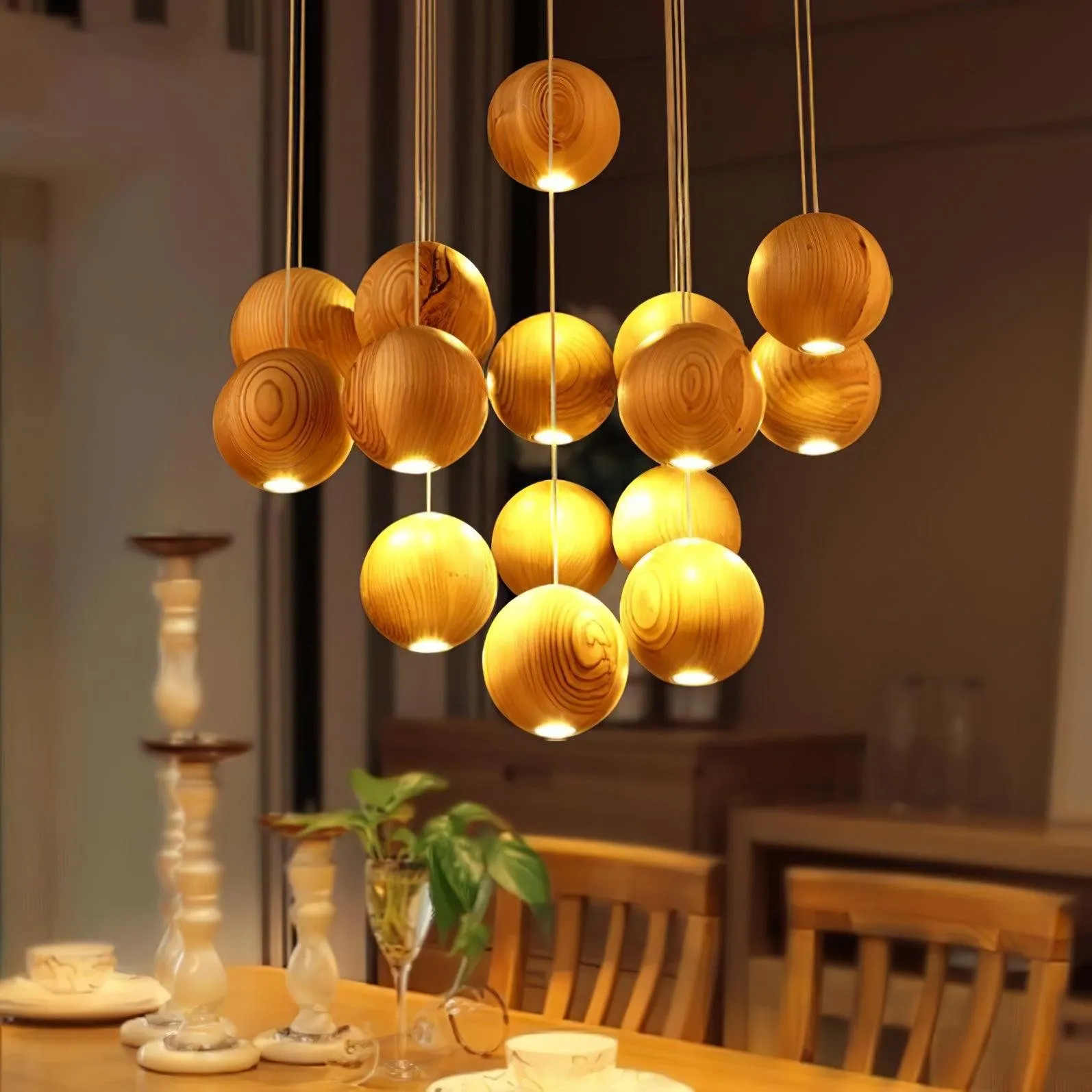 Wooden Orb Sphere Cluster Pendant Light G72