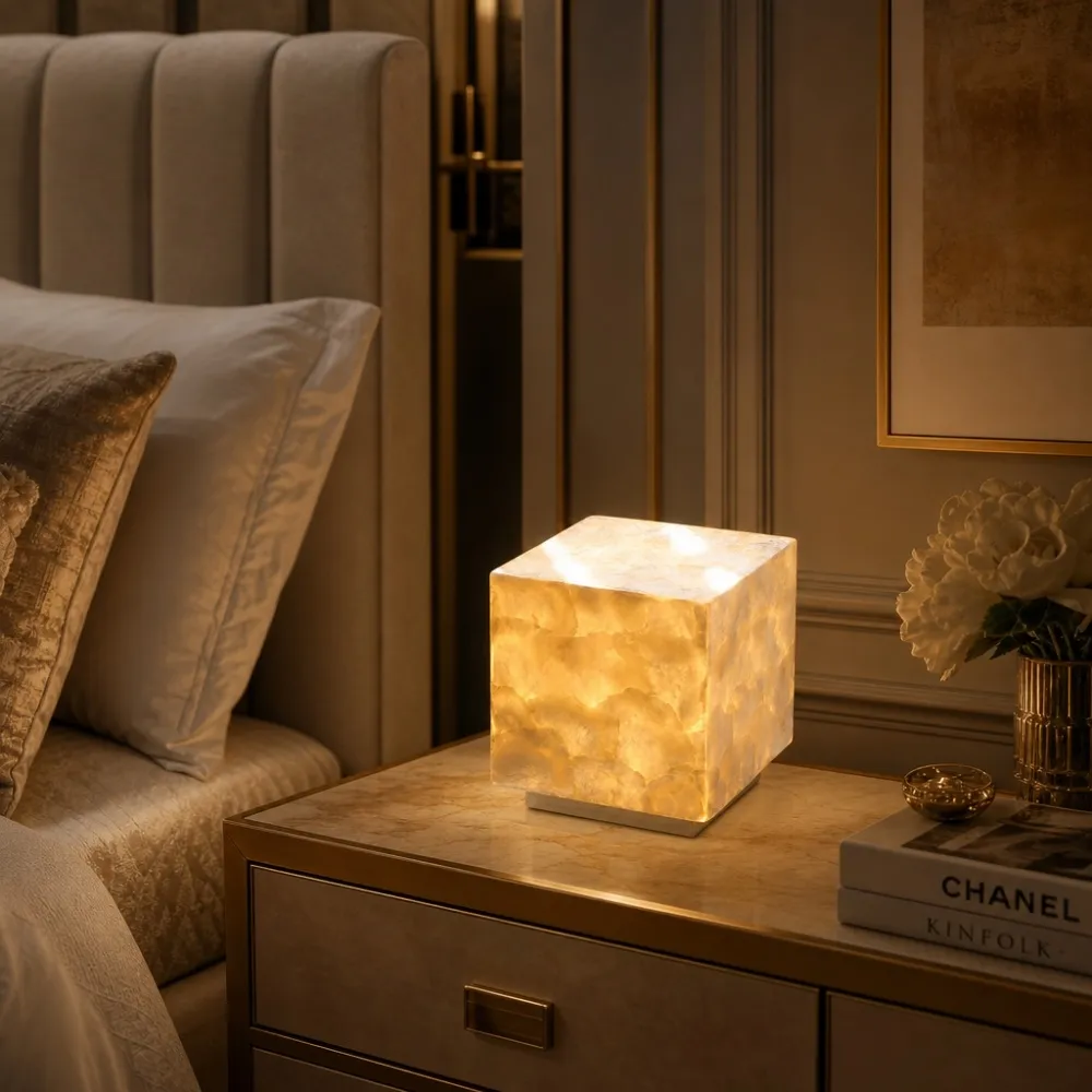 Beamira Mica and Shell Table Lamp - Modern Square Shade Accent Light for Bedroom T2196