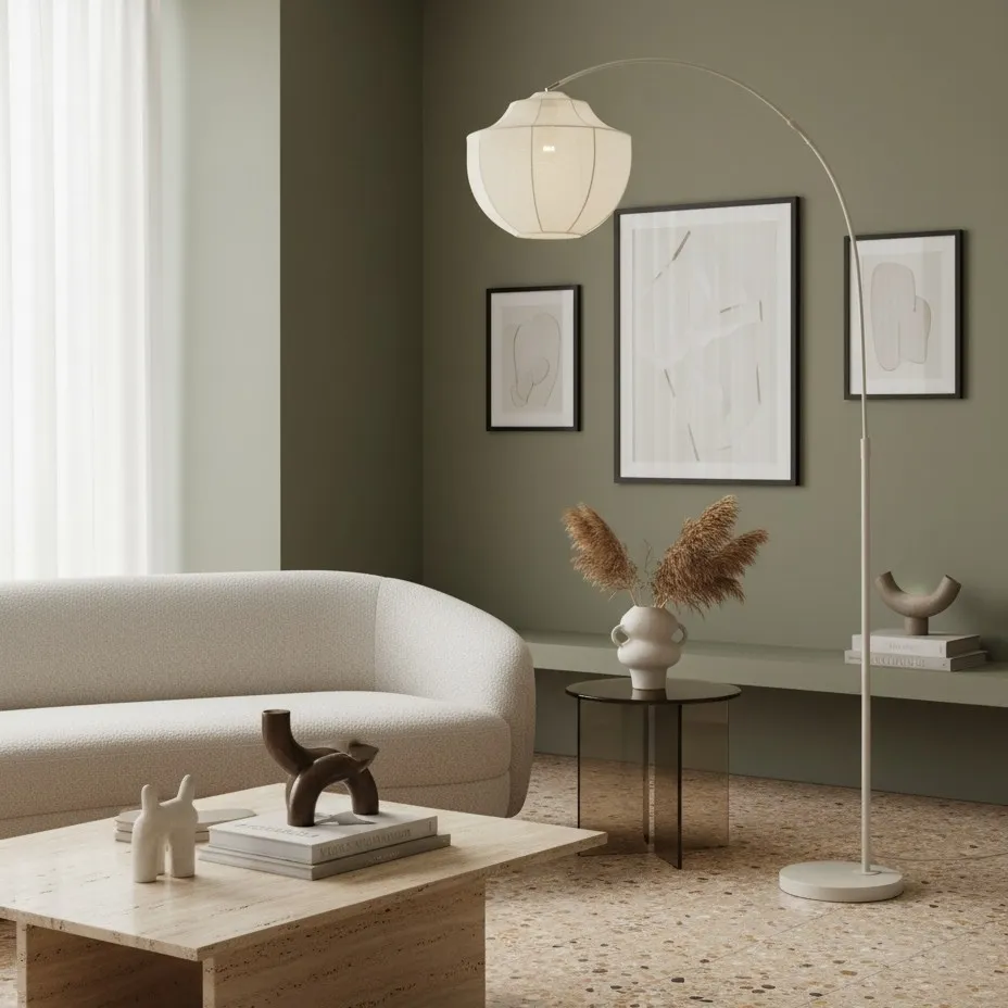 Lumifil Arc Floor Lamp Textile Mesh Shade - Metal Stand for Soft Ambient Living Room Lighting T789
