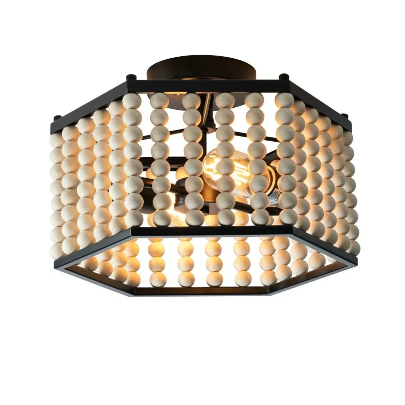 Rustic Hexagonal Wood Bead Ceiling Light S140