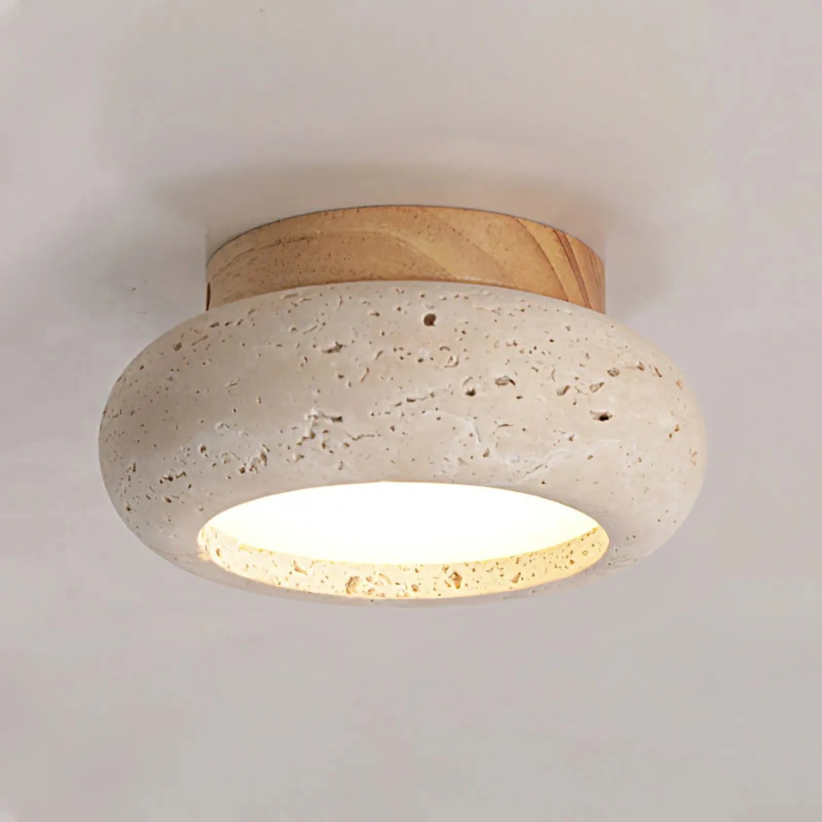 Minimal Bowl Ceiling Fixture in Stone Look - Wood Tone Base Light S299