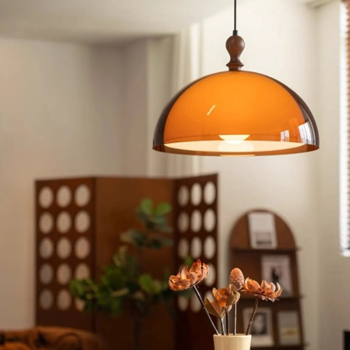 Vintage Sunset Pendant Lamp – Amber Acrylic & Walnut Finish S256