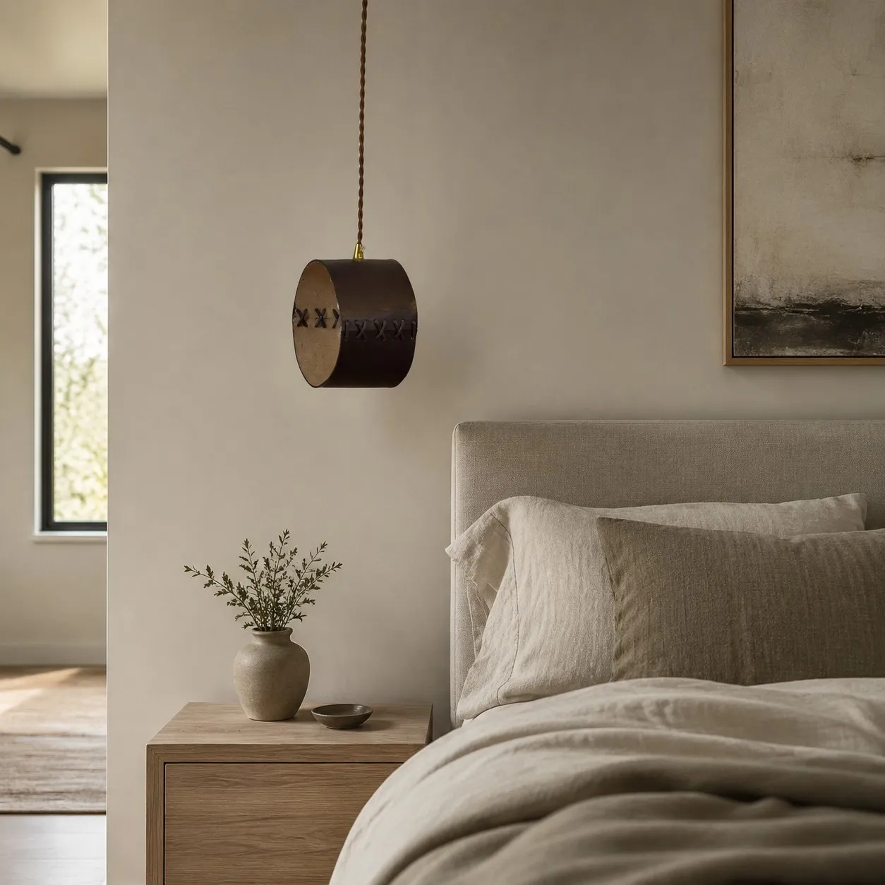 Hand-laced leather cylinder pendant light in an interior setting