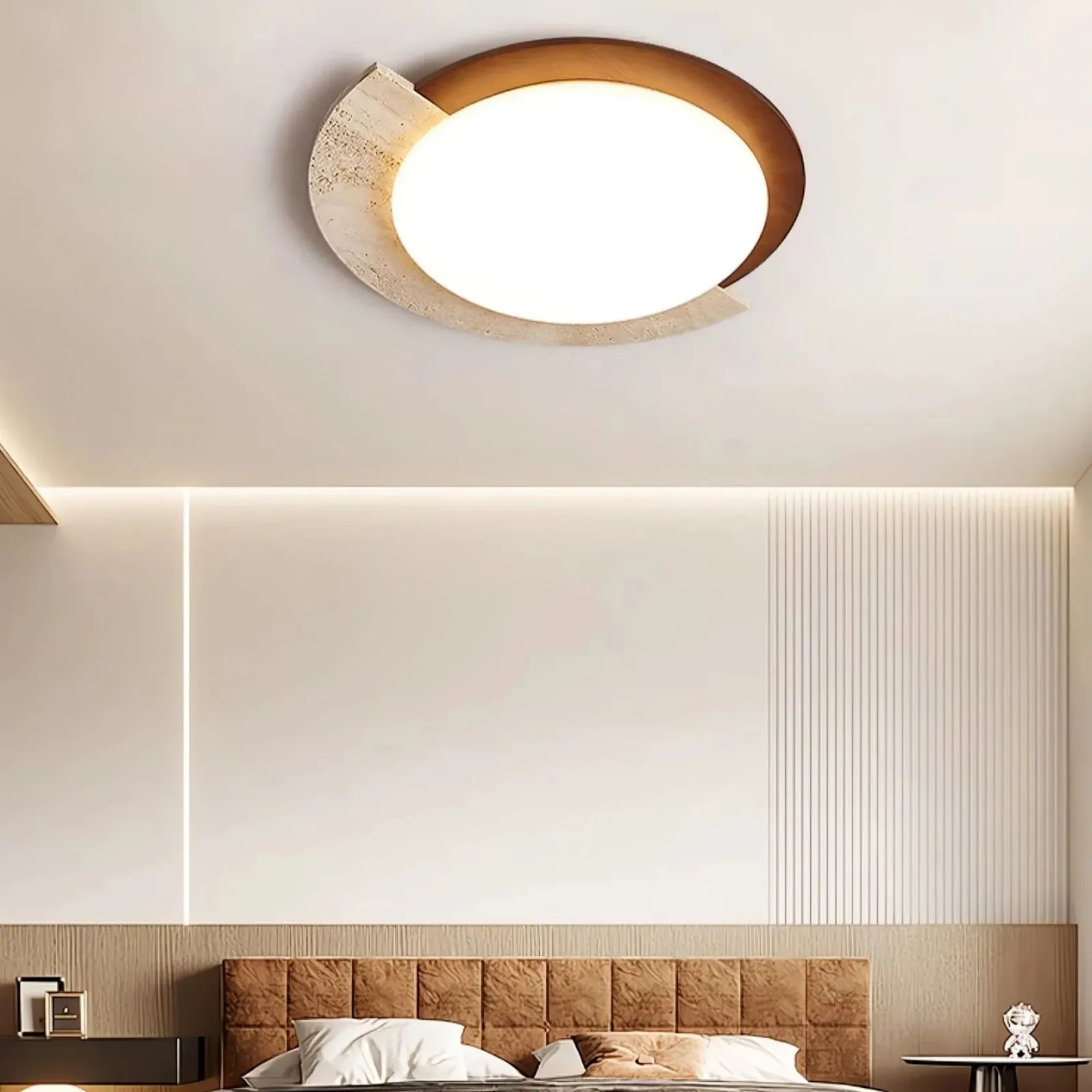 Half Moon Splicing Design Travertine & Wood Ceiling Lamp S292