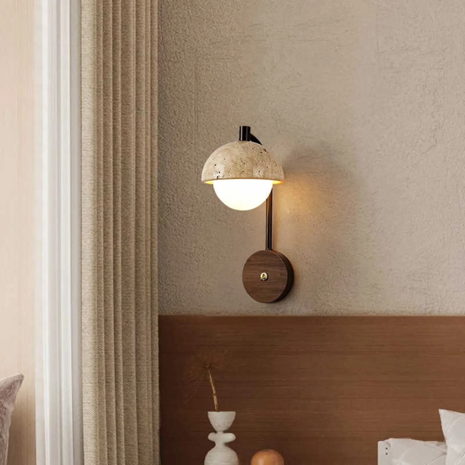 Rustic Travertine Wall Lamp With Curved Metal Arm And Wood Mount S313