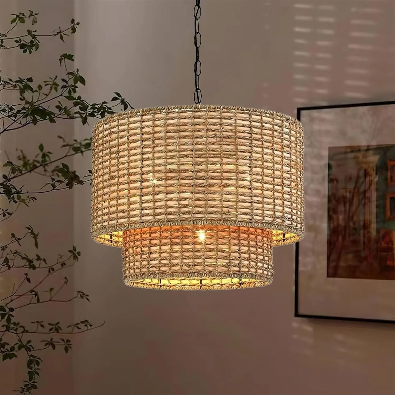 Natural Rattan Double Drum Pendant Light With Black Canopy G02