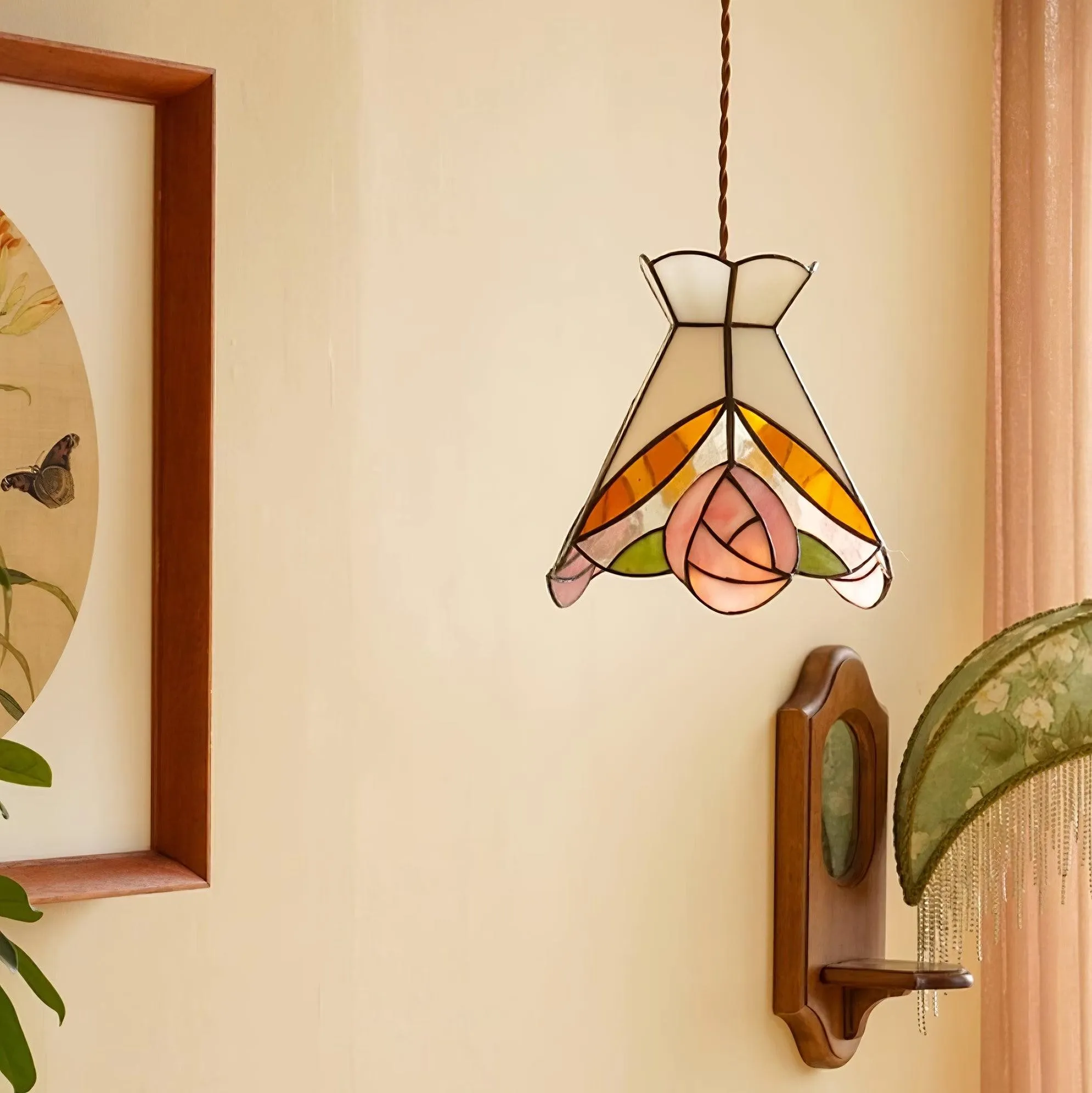 French Retro Rose Stained Glass Pendant Lamp M89