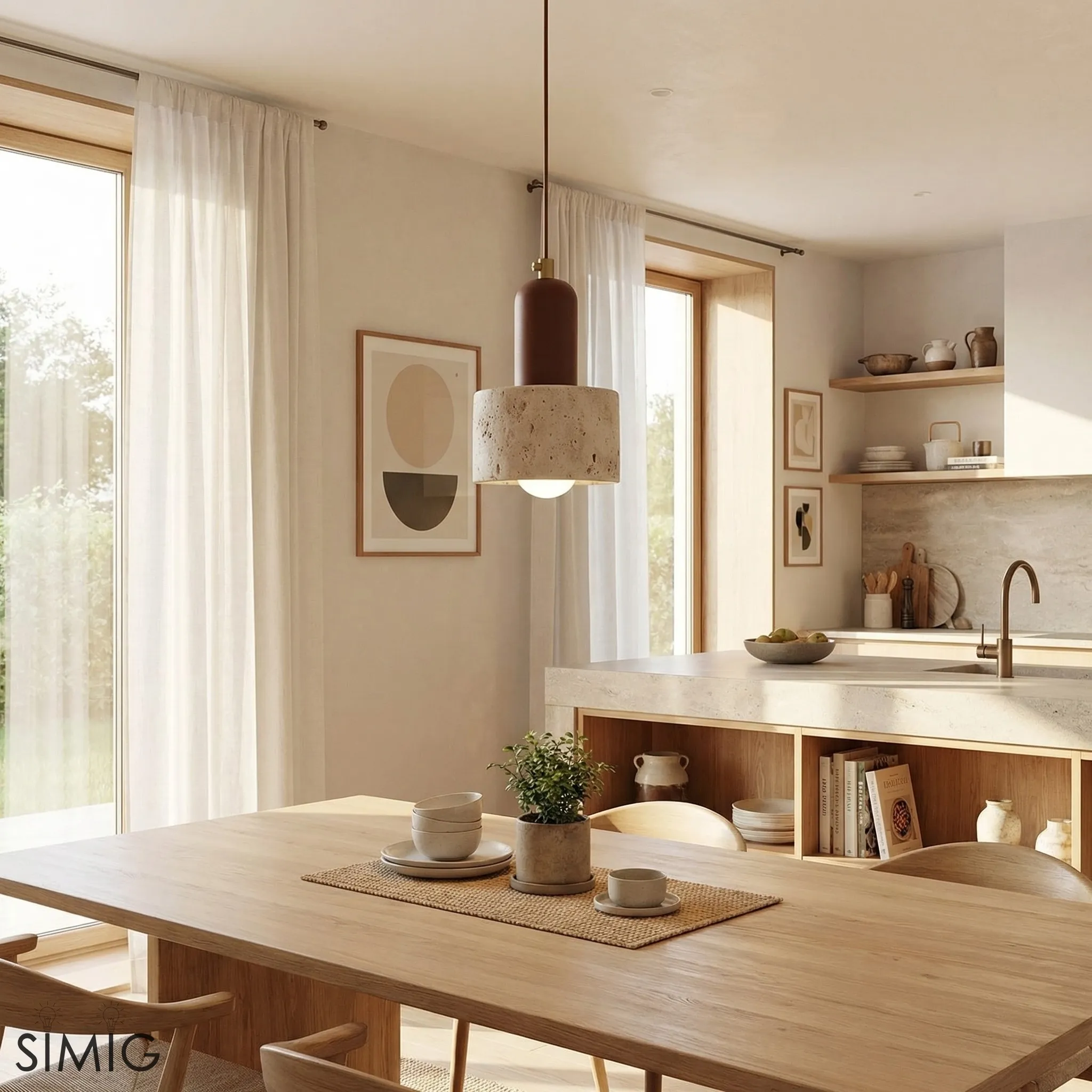 Rotating Travertine and Wood Pendant Light - Japandi Dining Room Glow T1100
