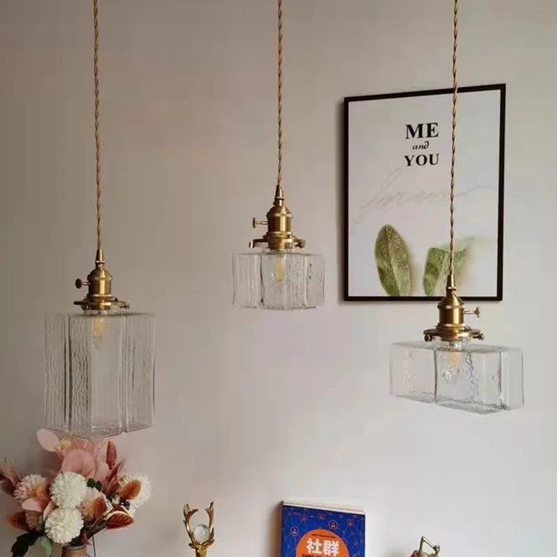 Traditional Vintage Square Rectangle Ripple Glass Iron 1-Light Pendant Light For Living Room T262
