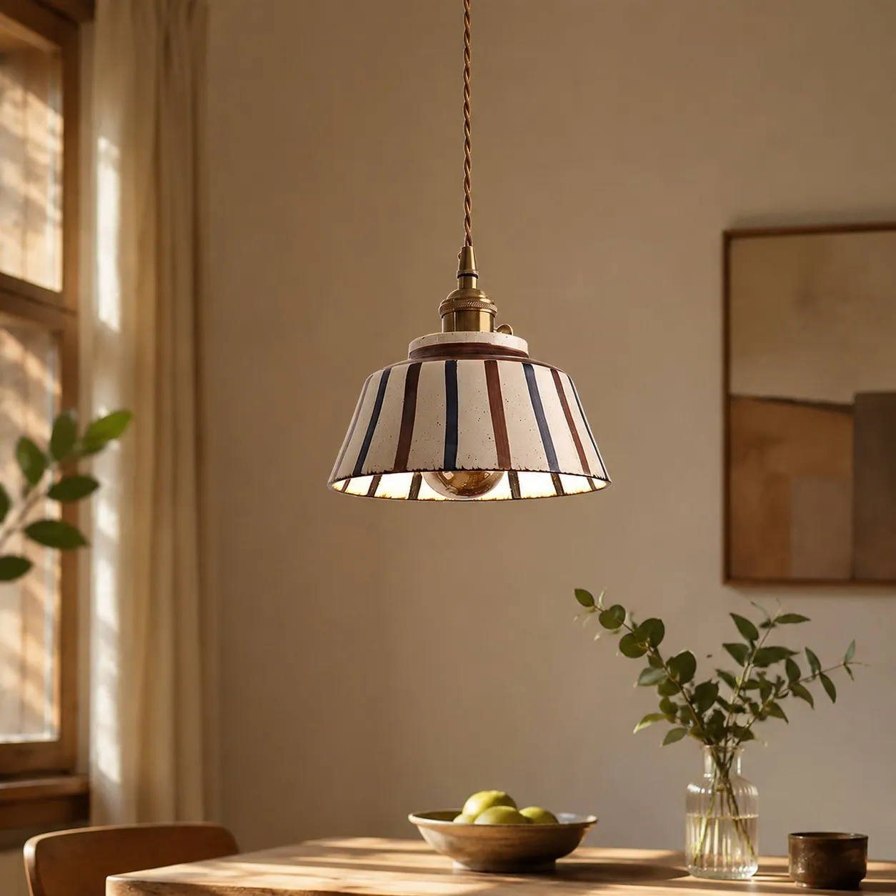 Striped ceramic pendant over a small dining table