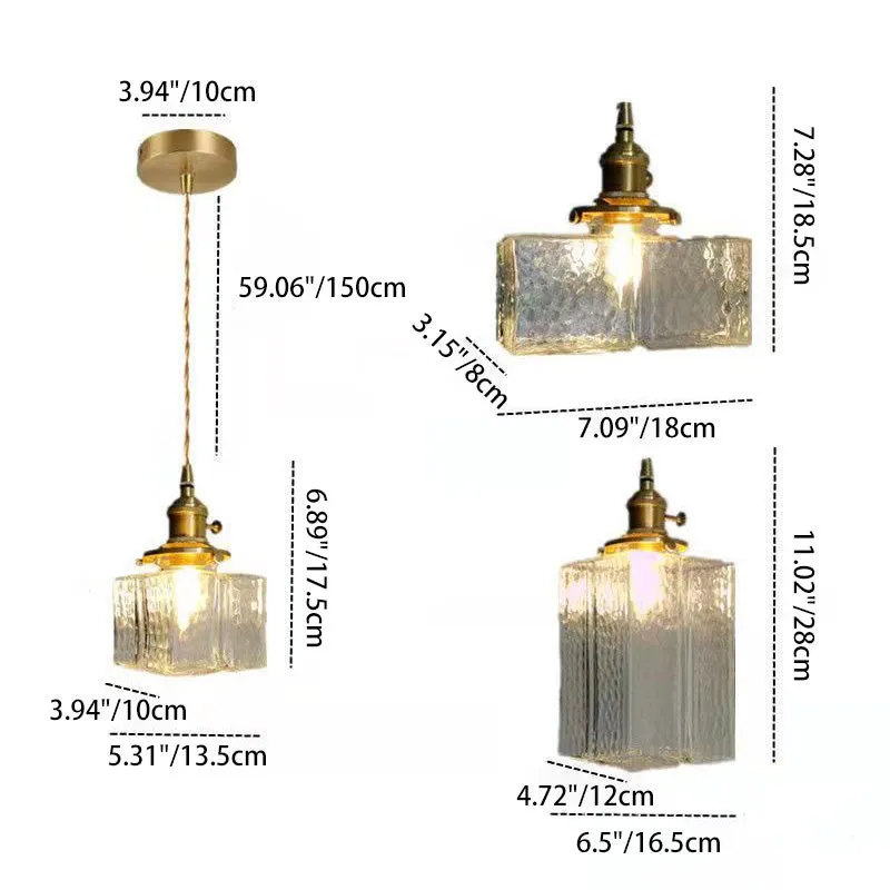 Traditional Vintage Square Rectangle Ripple Glass Iron 1-Light Pendant Light For Living Room T262