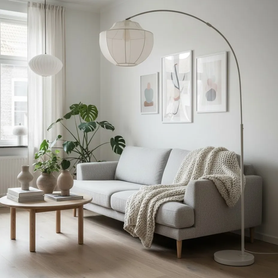 Lumifil Arc Floor Lamp Textile Mesh Shade - Metal Stand for Soft Ambient Living Room Lighting T789