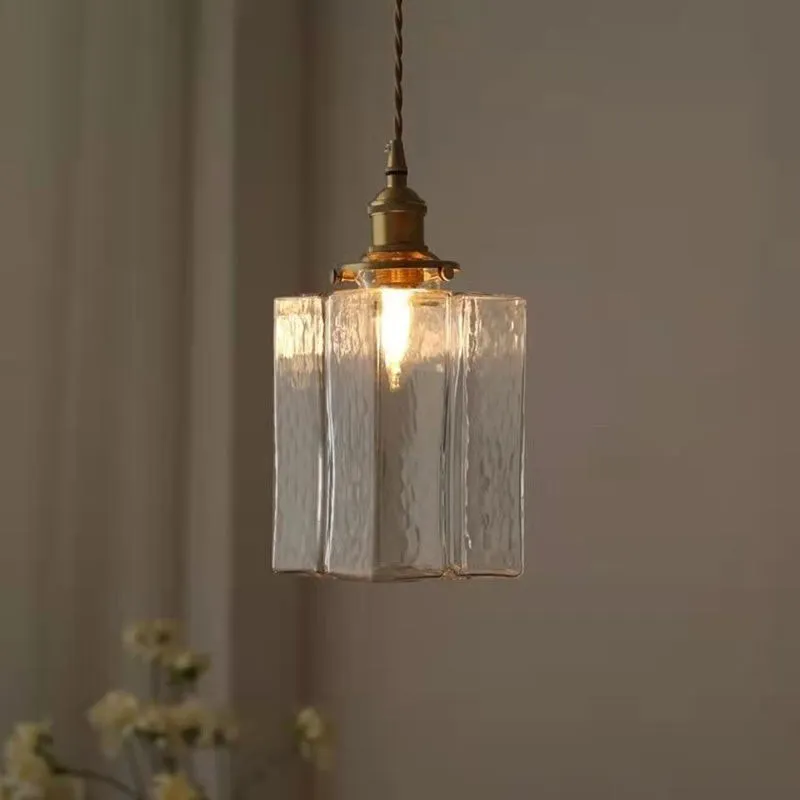 Traditional Vintage Square Rectangle Ripple Glass Iron 1-Light Pendant Light For Living Room T262