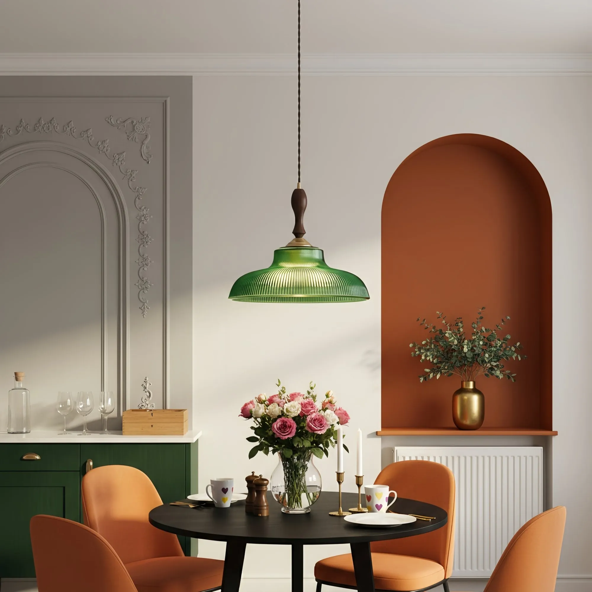 Elunaris Vintage Trumpet Shape Pendant Light with Green Glass Shade for Dining Room T1114