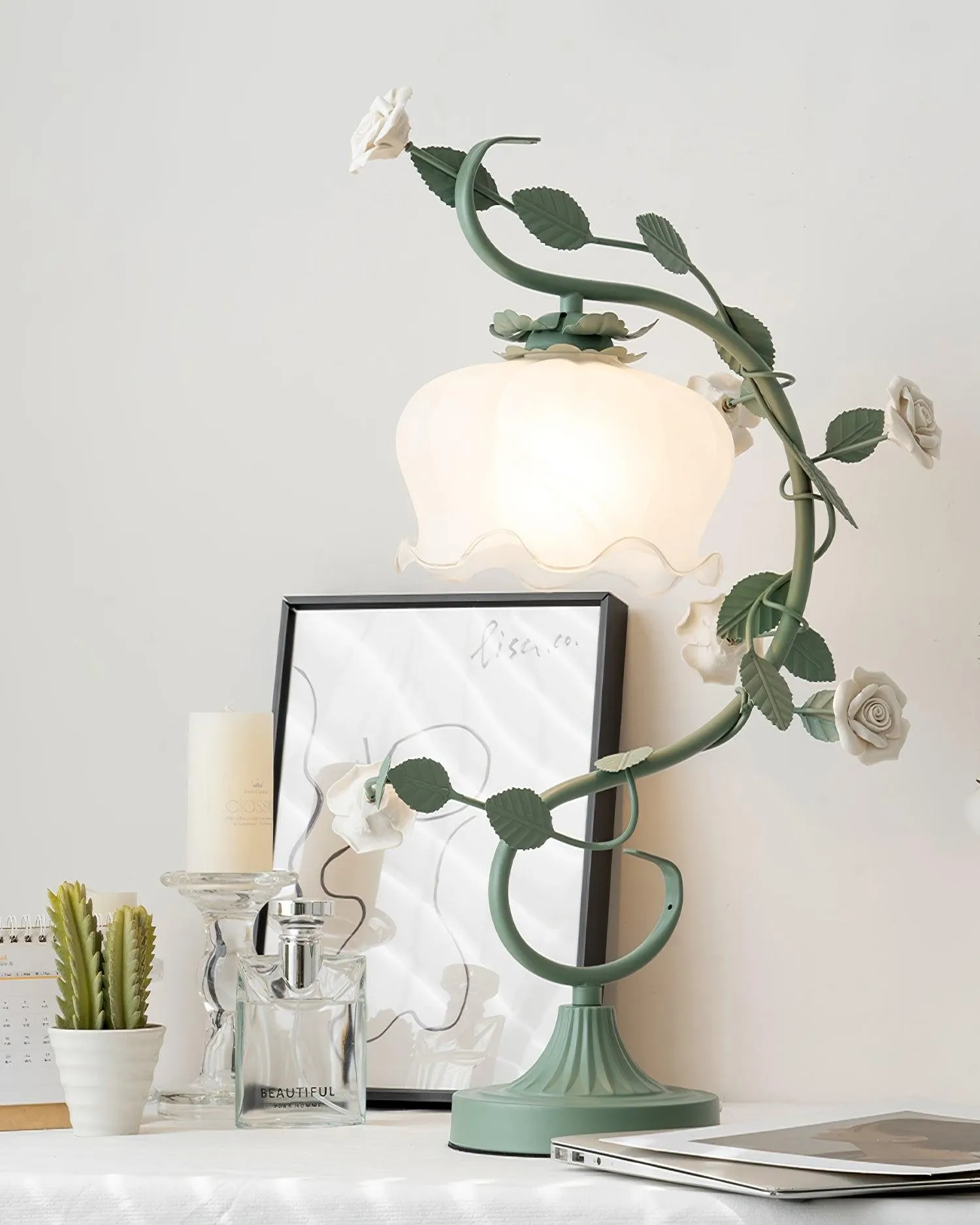 Green Pink White Rose Flower Table Lamp M107